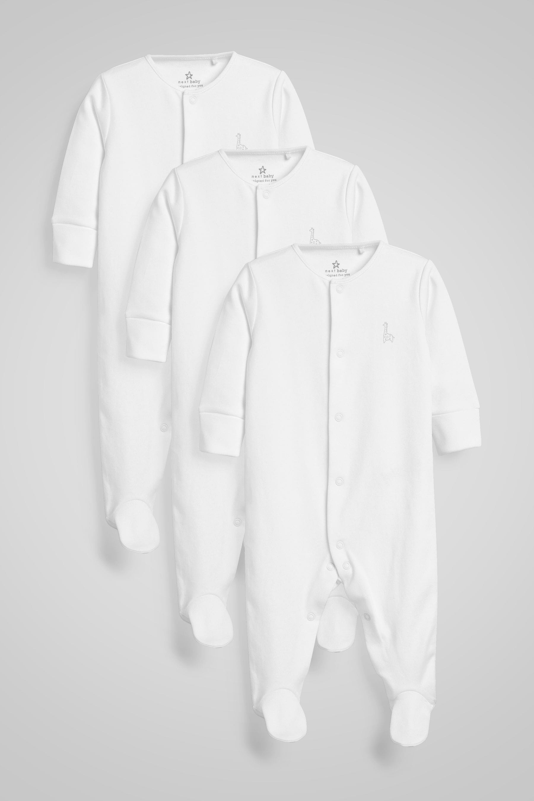 White 3 Pack Baby Sleepsuits (0-18mths)