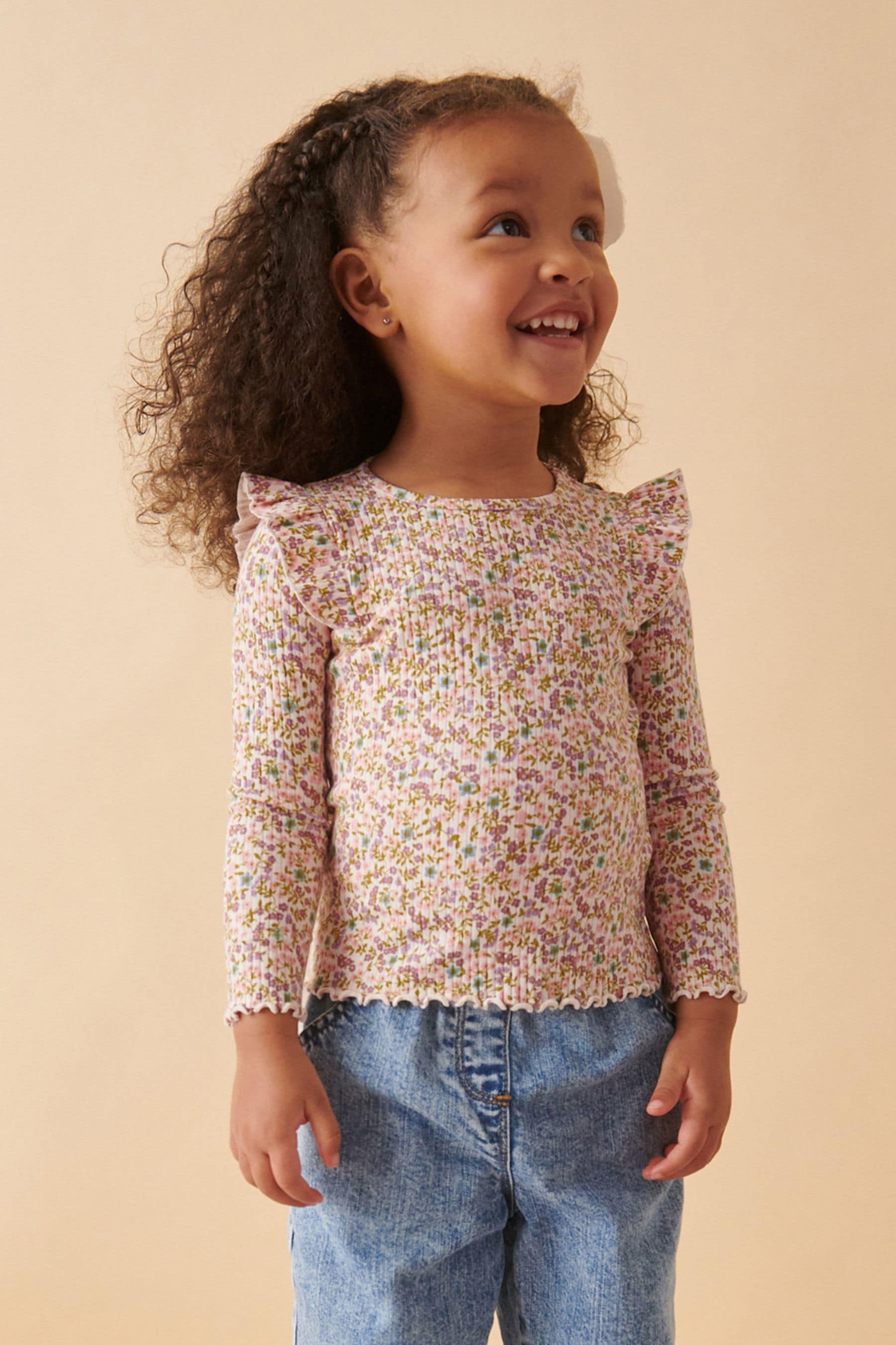 Floral Cotton Rich Long Sleeve Ribbed Frill T-Shirt (3mths-7yrs)