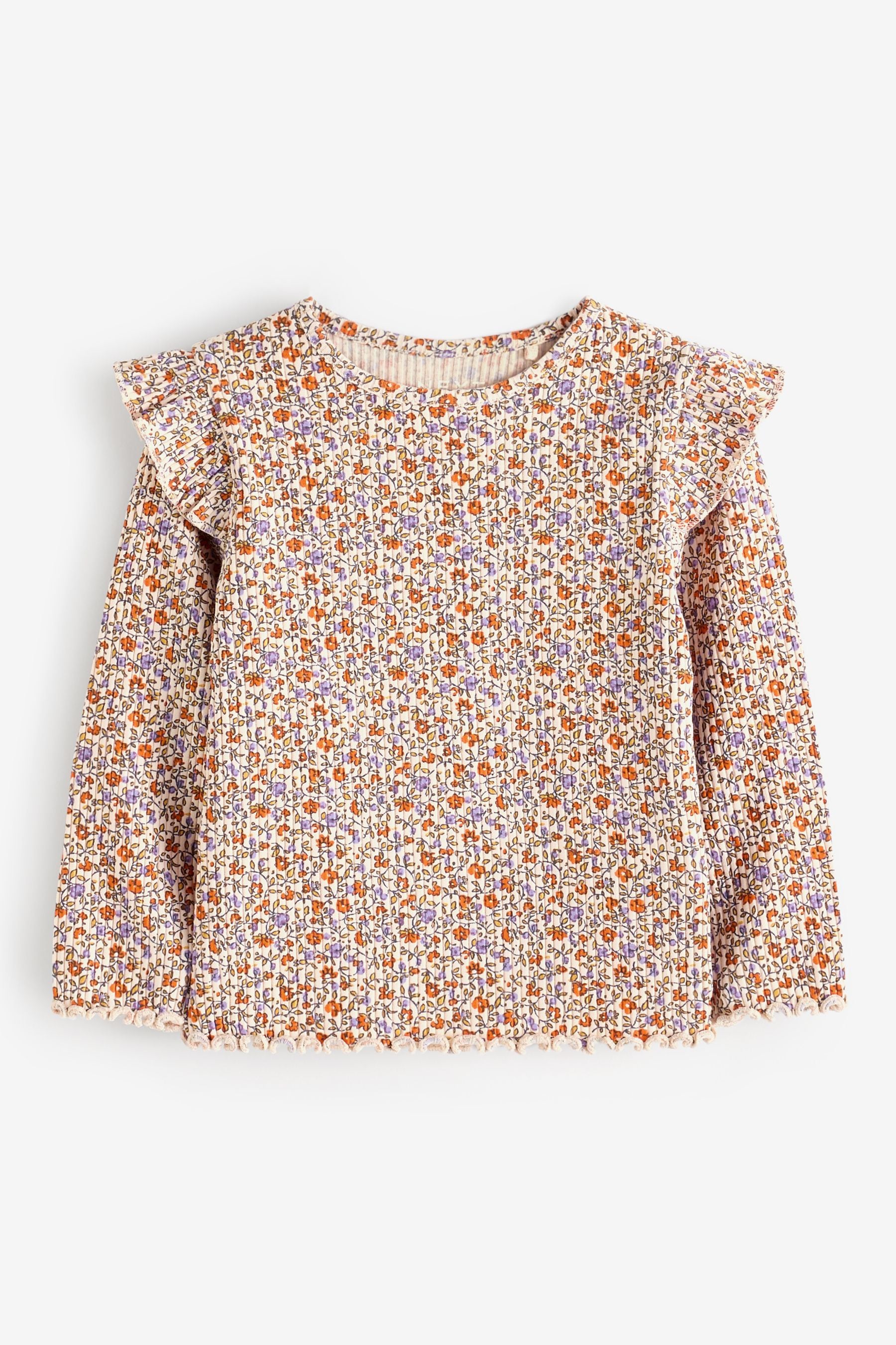 Floral Cotton Rich Long Sleeve Ribbed Frill T-Shirt (3mths-7yrs)