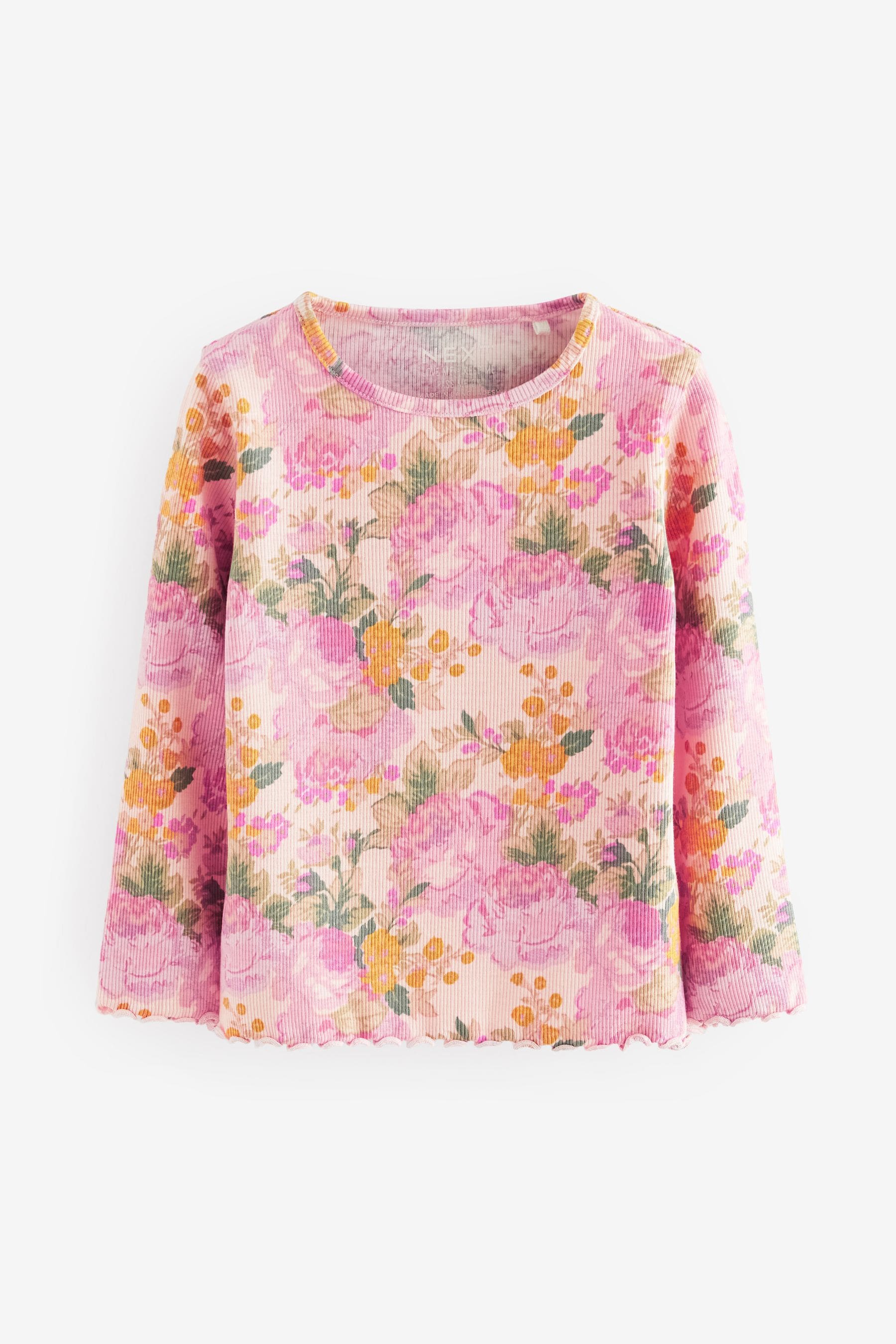 Pink Vintage Floral Cotton Rich Long Sleeve Rib T-Shirt (3mths-7yrs)