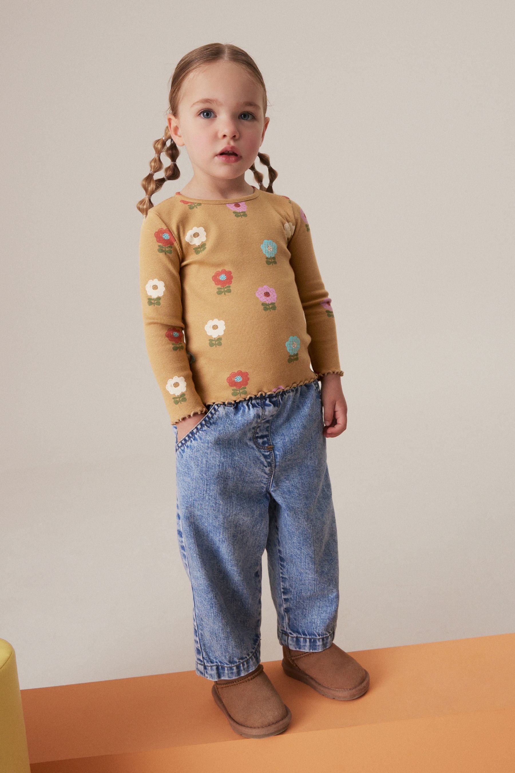 Ochre Pastel Flowers Cotton Rich Long Sleeve Rib T-Shirt (3mths-7yrs)