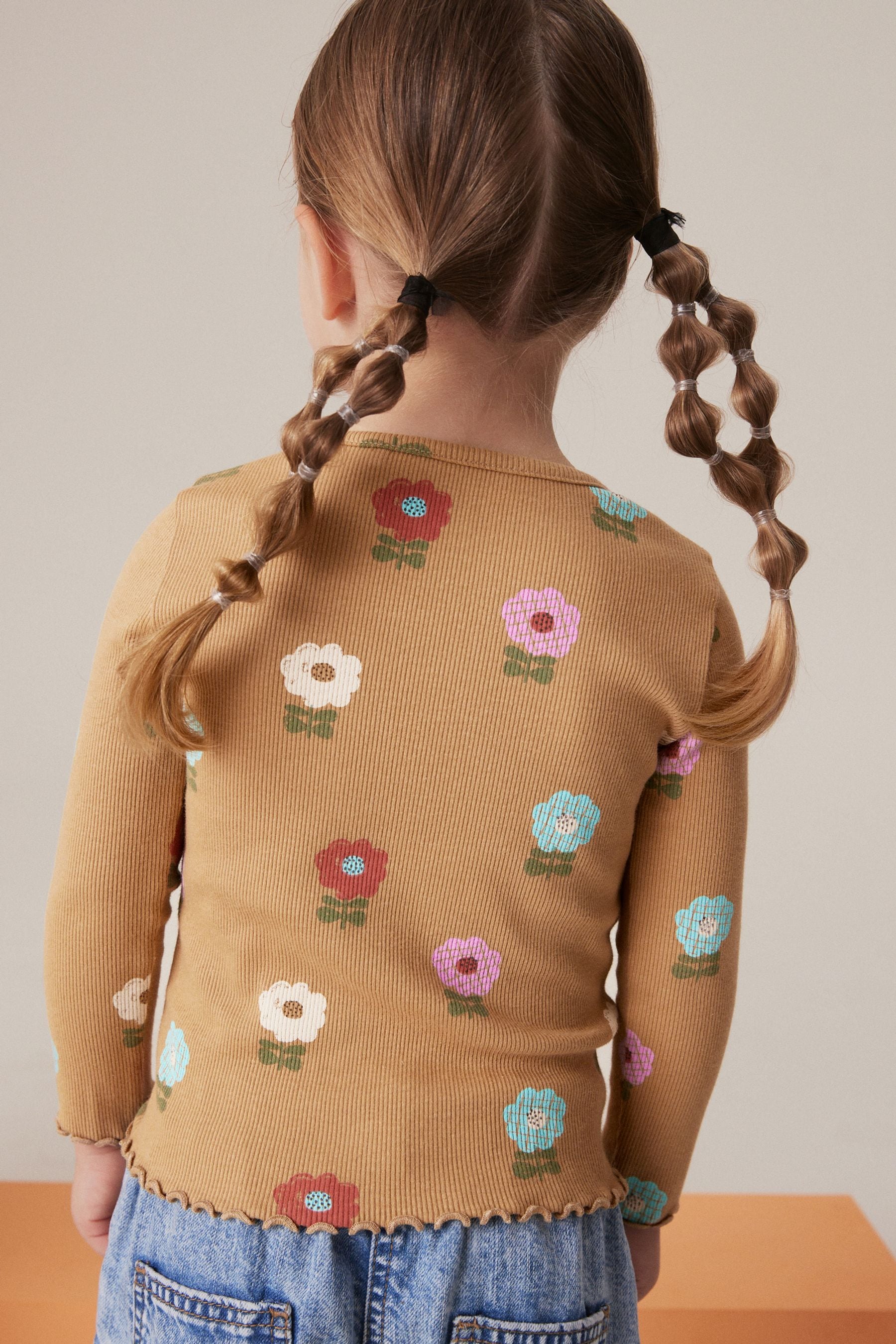 Ochre Pastel Flowers Cotton Rich Long Sleeve Rib T-Shirt (3mths-7yrs)