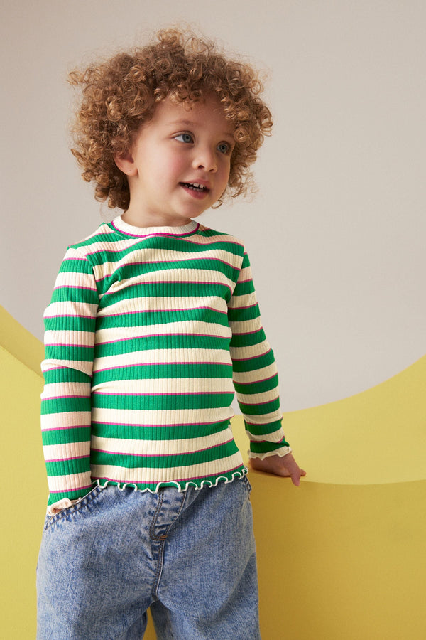 Green Stripe Cotton Rich Long Sleeve Ribbed High Neck T-Shirt (3mths-7yrs)