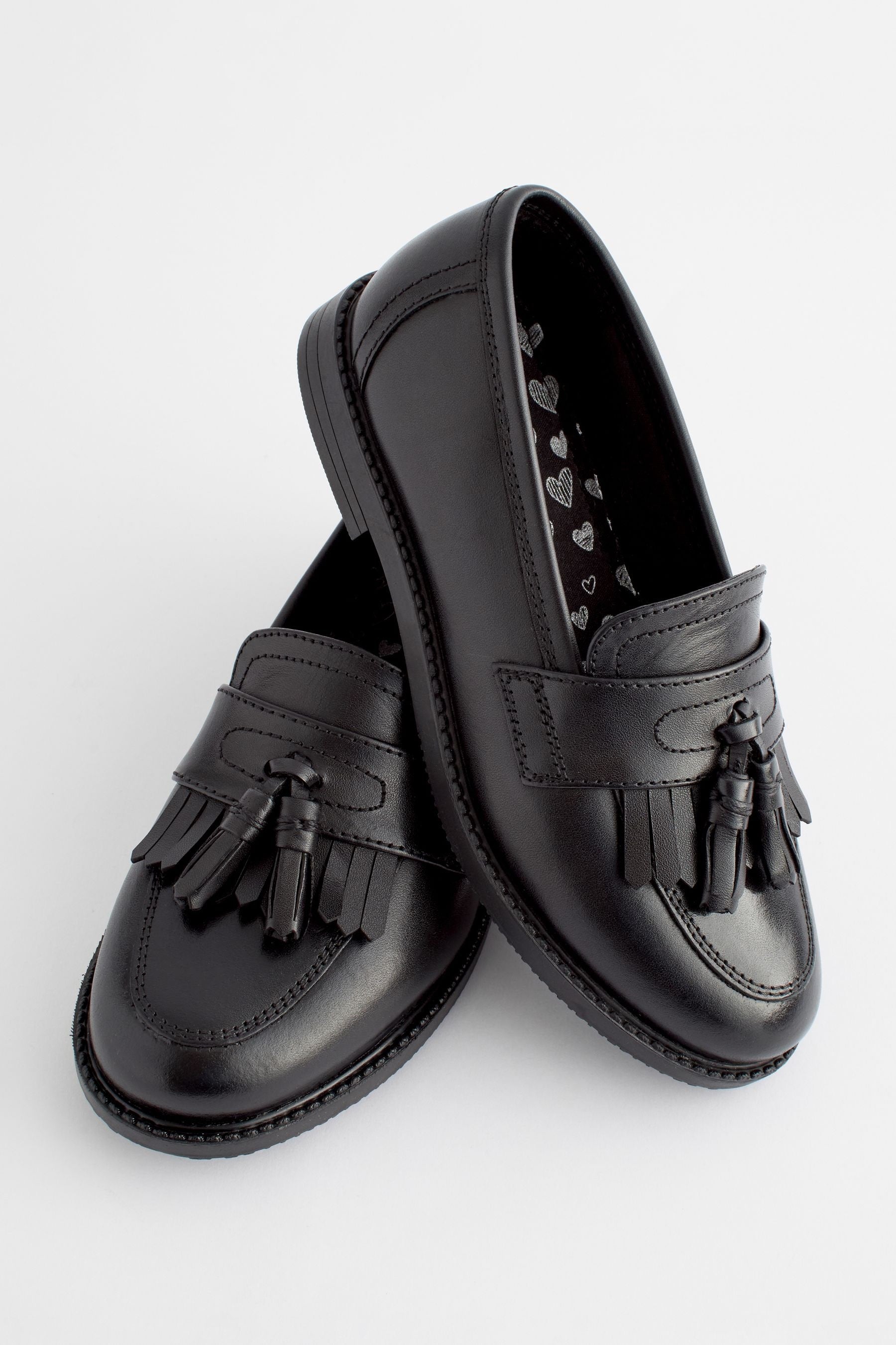 Matt Black Wide Fit (G) Leather Tassel Loafer School Shoes