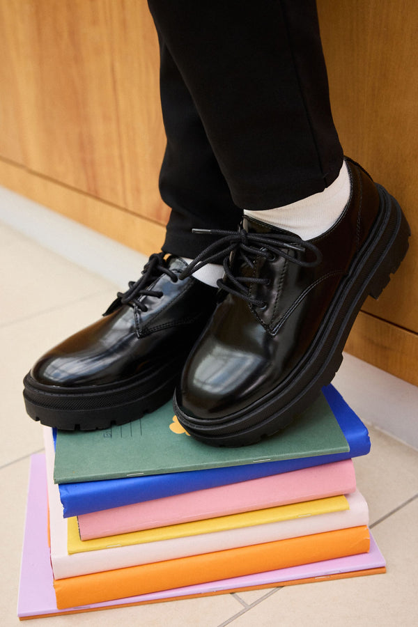 Black Lace Up Chunky School Shoes