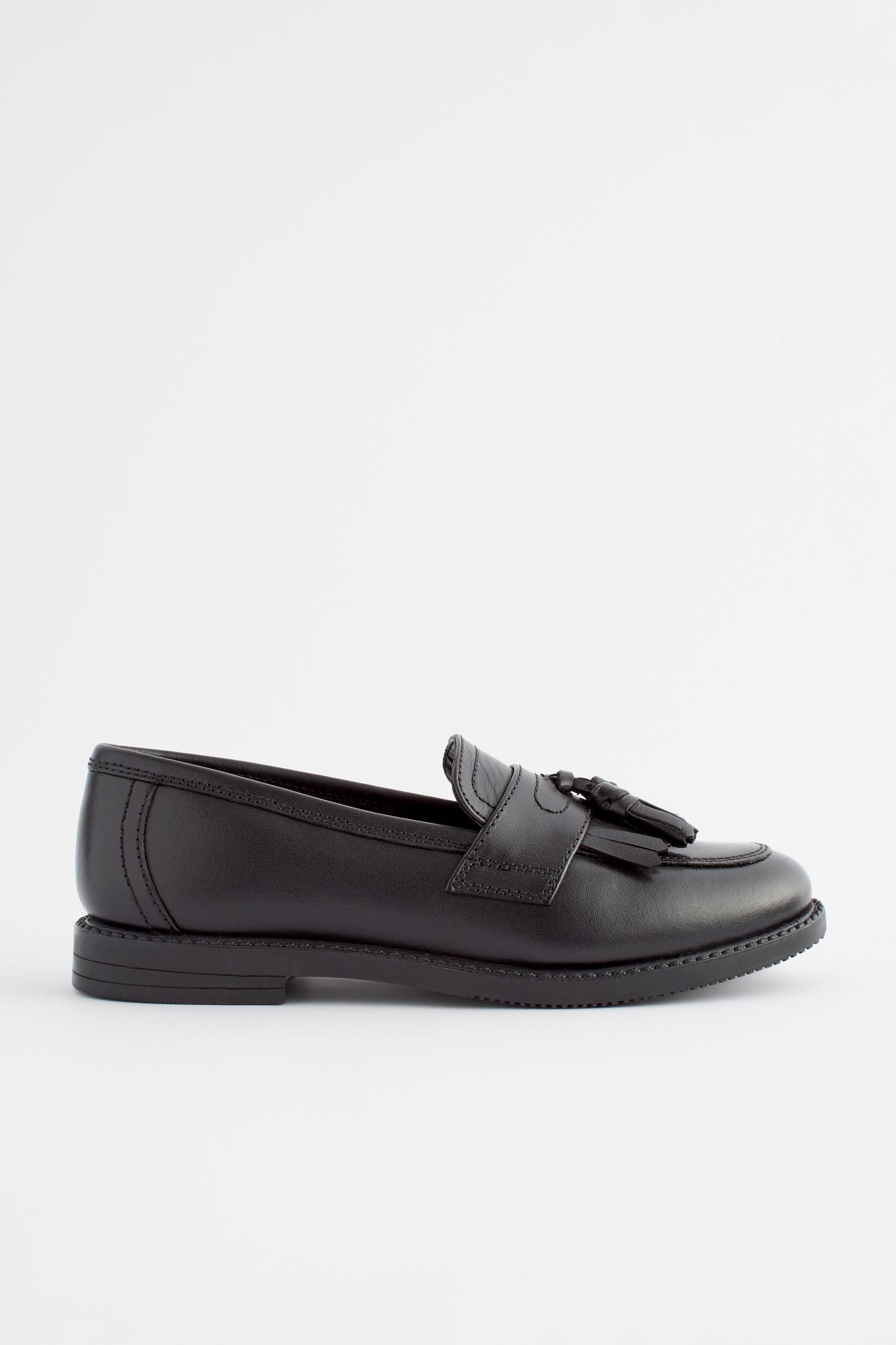 Matt Black Standard Fit (F) Leather Tassel Loafer School Shoes