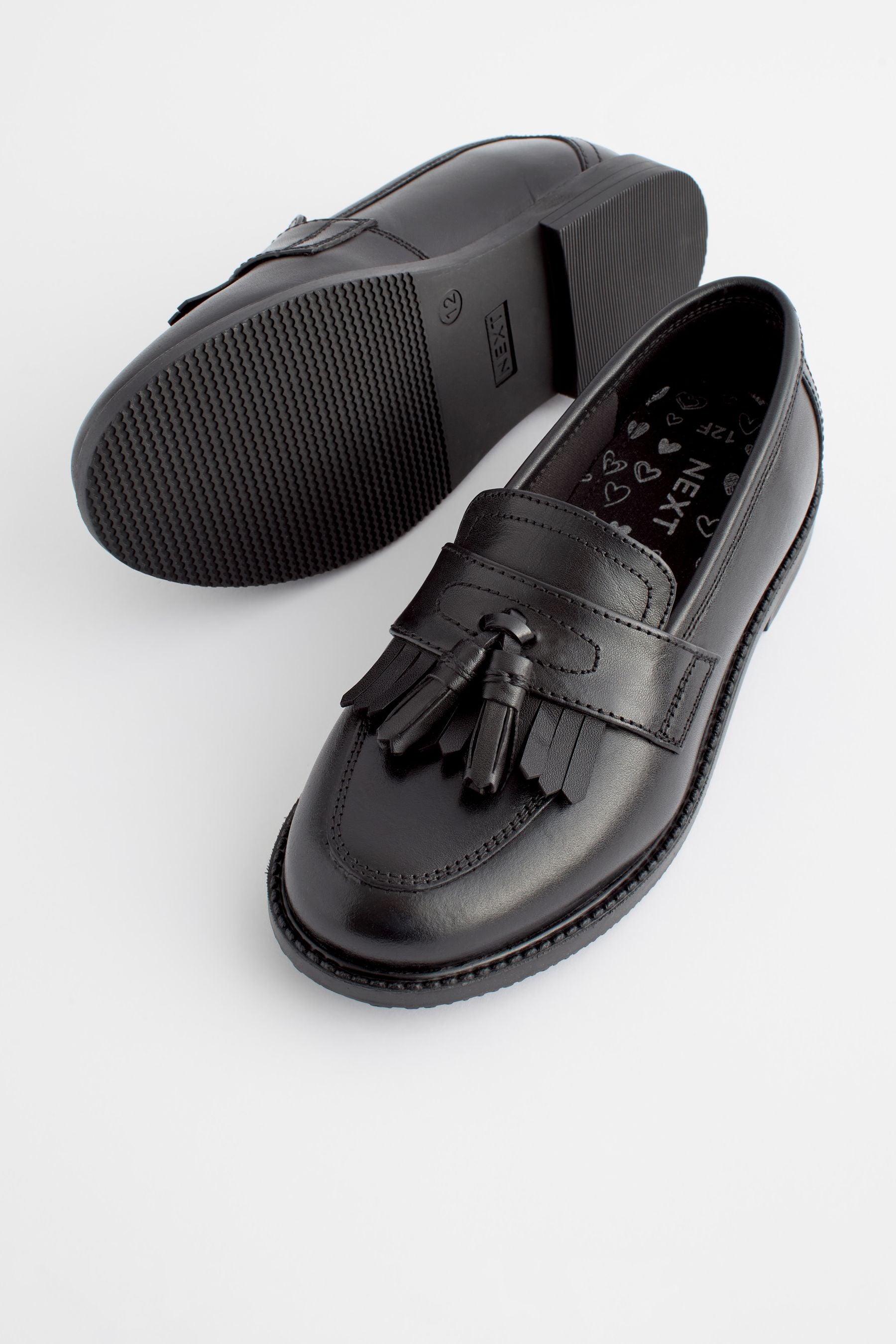 Matt Black Standard Fit (F) Leather Tassel Loafer School Shoes