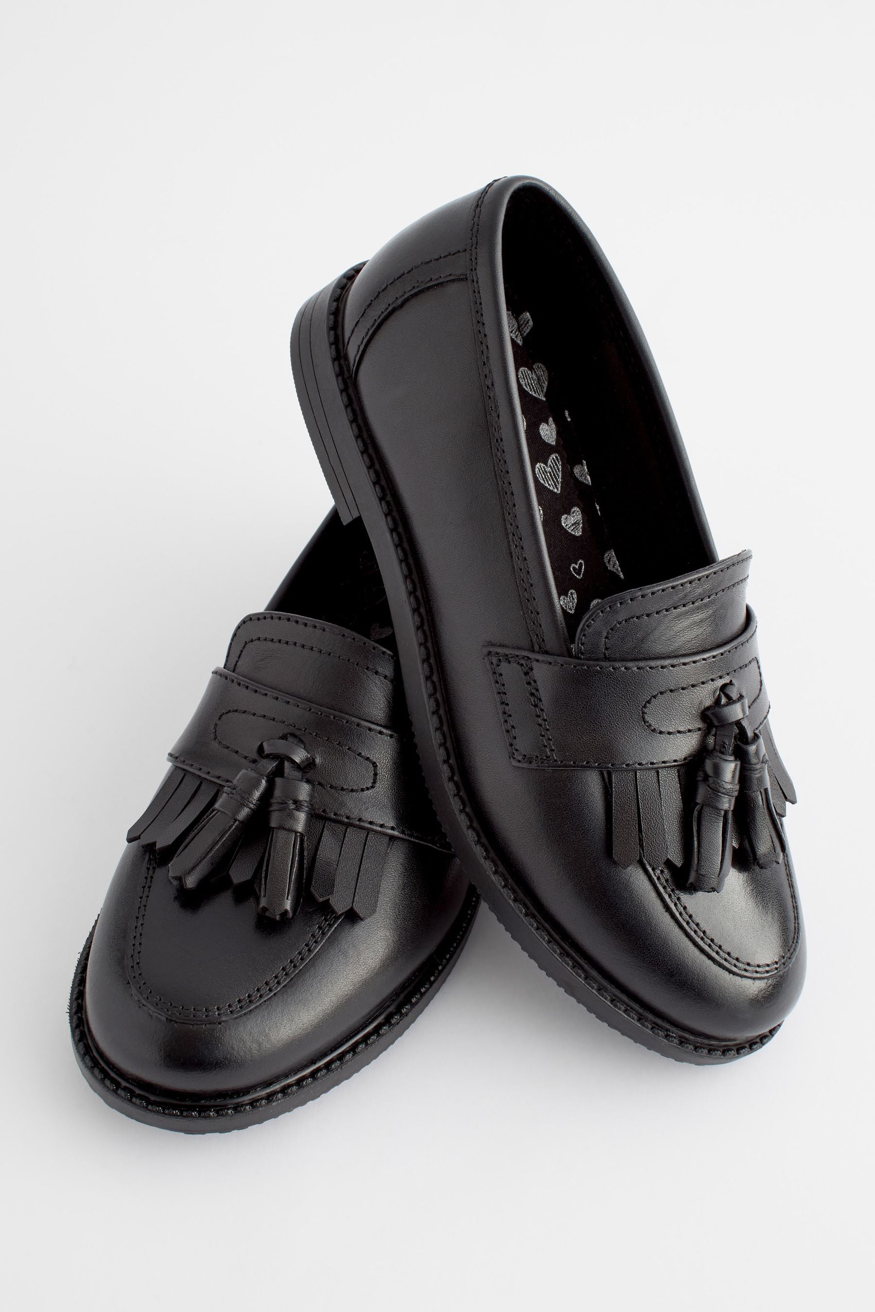 Matt Black Standard Fit (F) Leather Tassel Loafer School Shoes