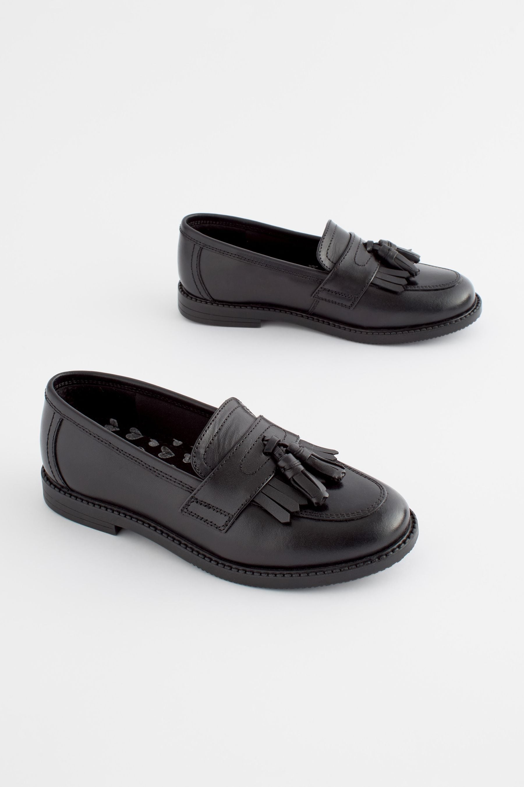 Matt Black Standard Fit (F) Leather Tassel Loafer School Shoes