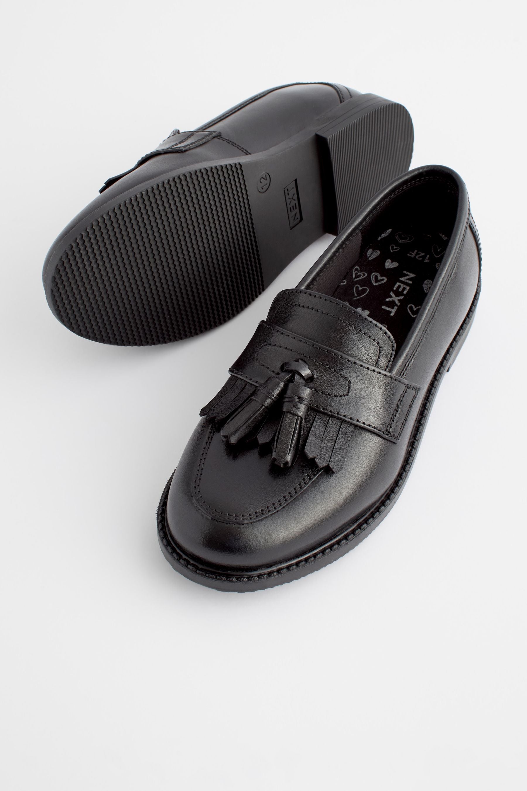 Matt Black Narrow Fit (E) Leather Tassel Loafer School Shoes