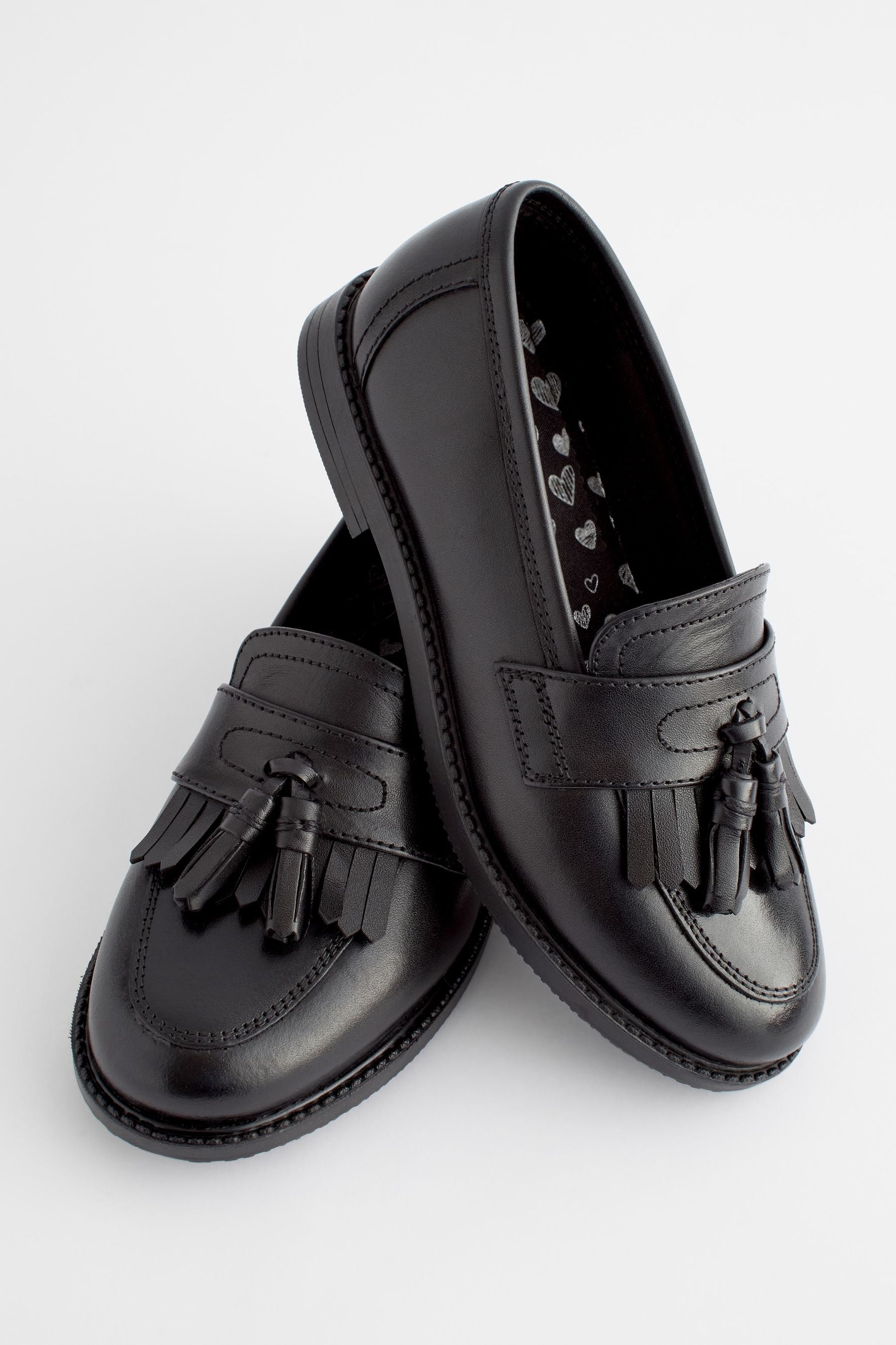 Matt Black Narrow Fit (E) Leather Tassel Loafer School Shoes