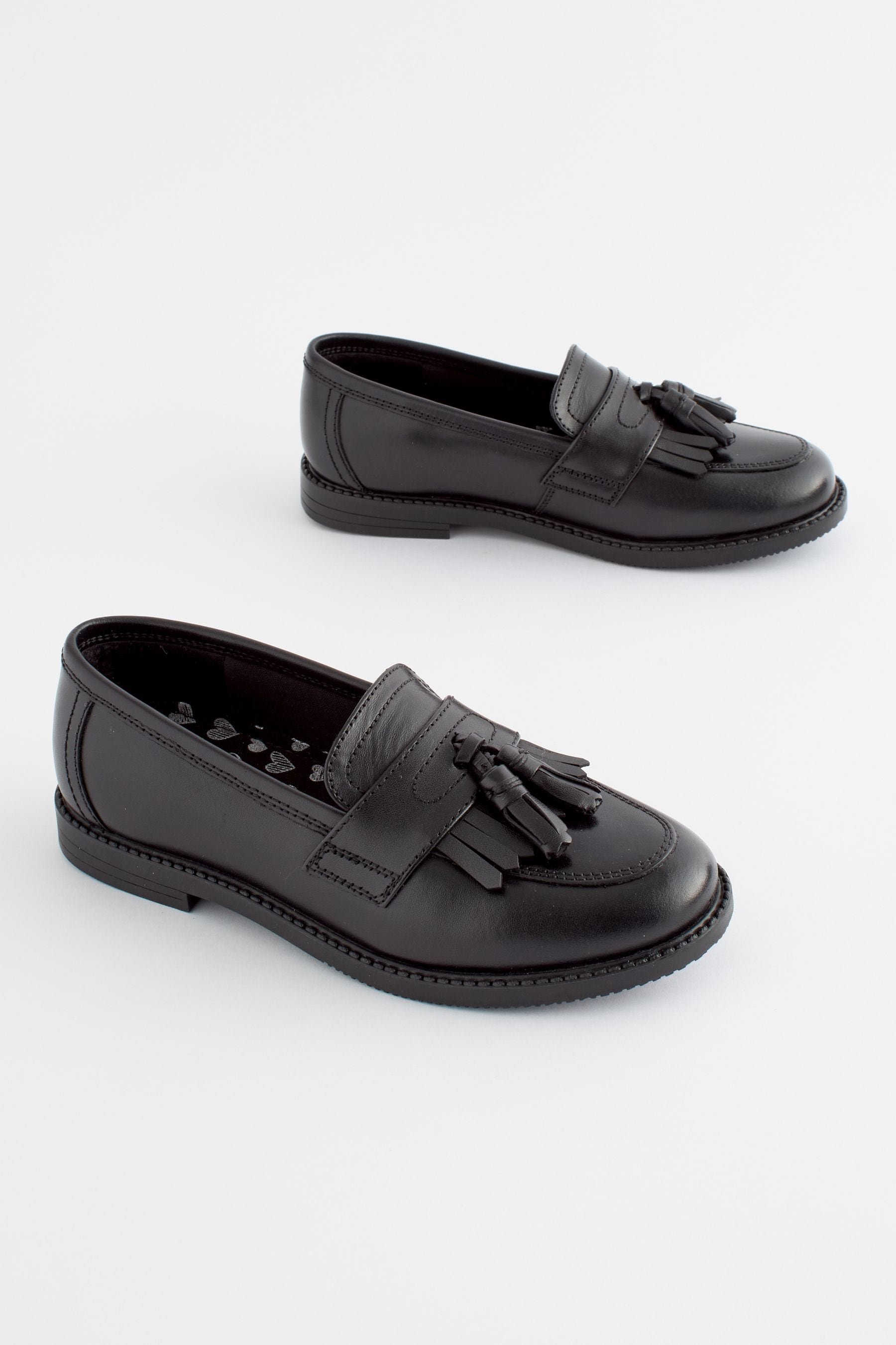 Matt Black Narrow Fit (E) Leather Tassel Loafer School Shoes