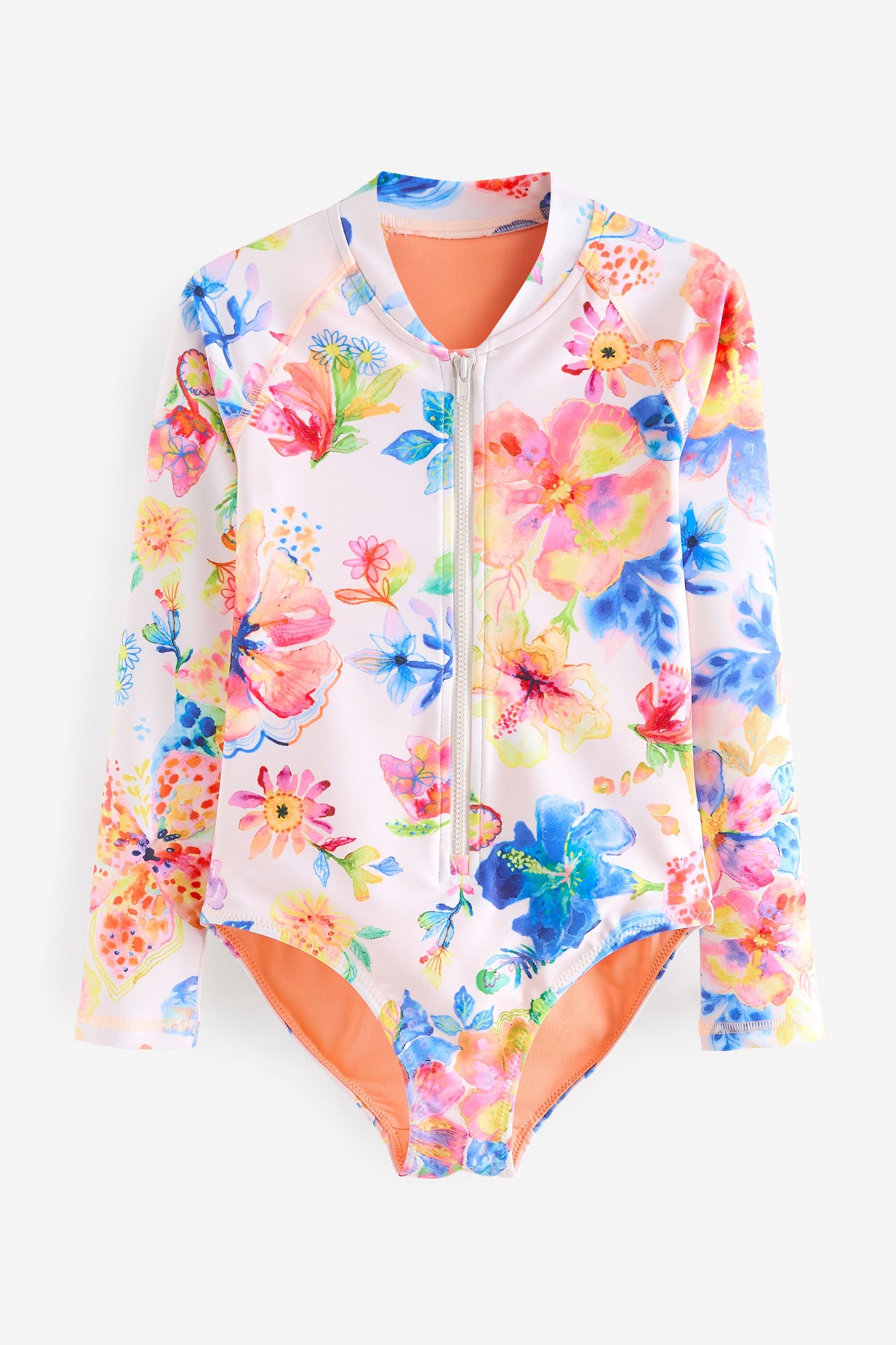 White Floral Long Sleeved Swimsuit (3-16yrs)