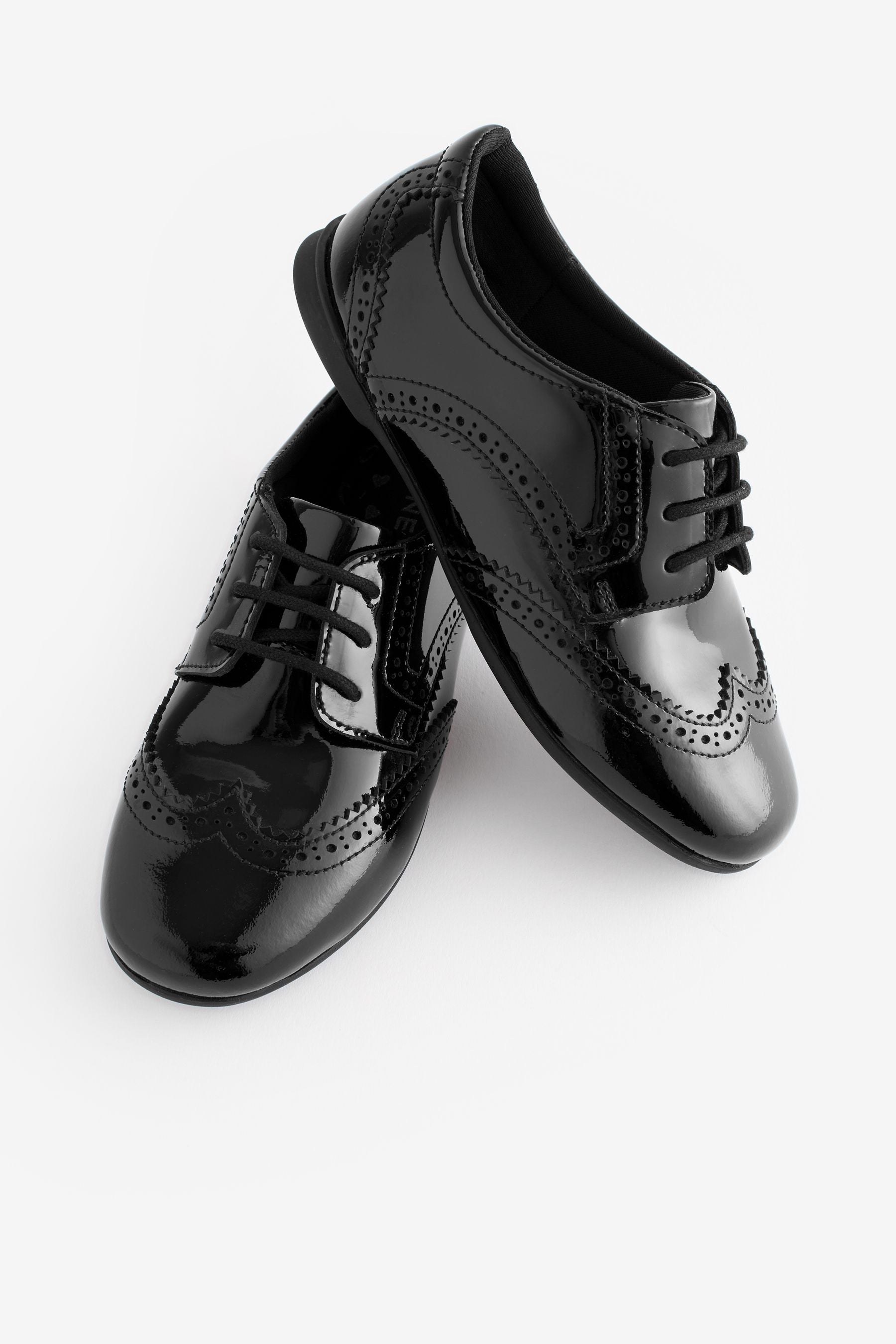 Black Patent Narrow Fit (E) Leather Brogue Lace-Up School Shoes