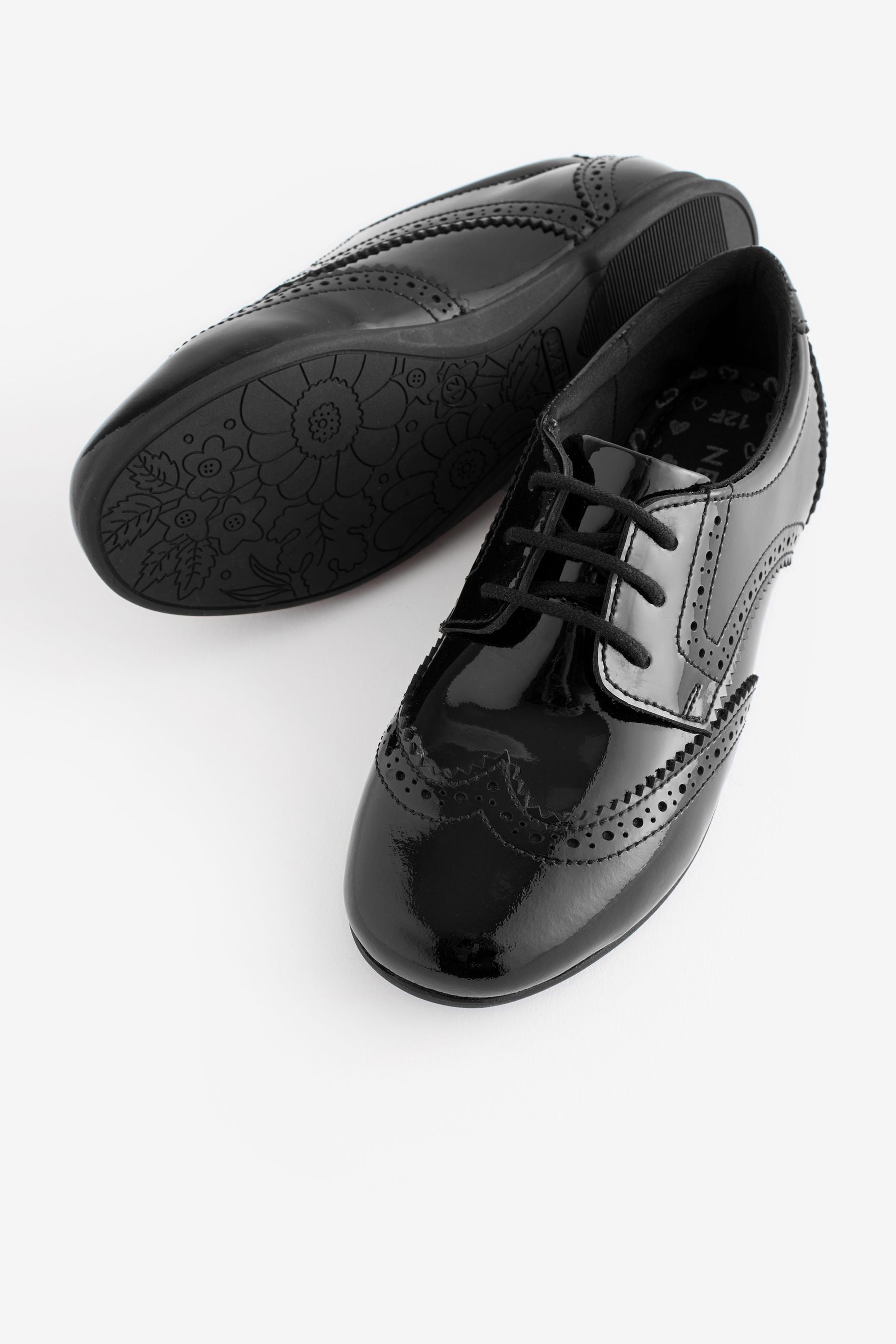 Black Patent Narrow Fit (E) Leather Brogue Lace-Up School Shoes