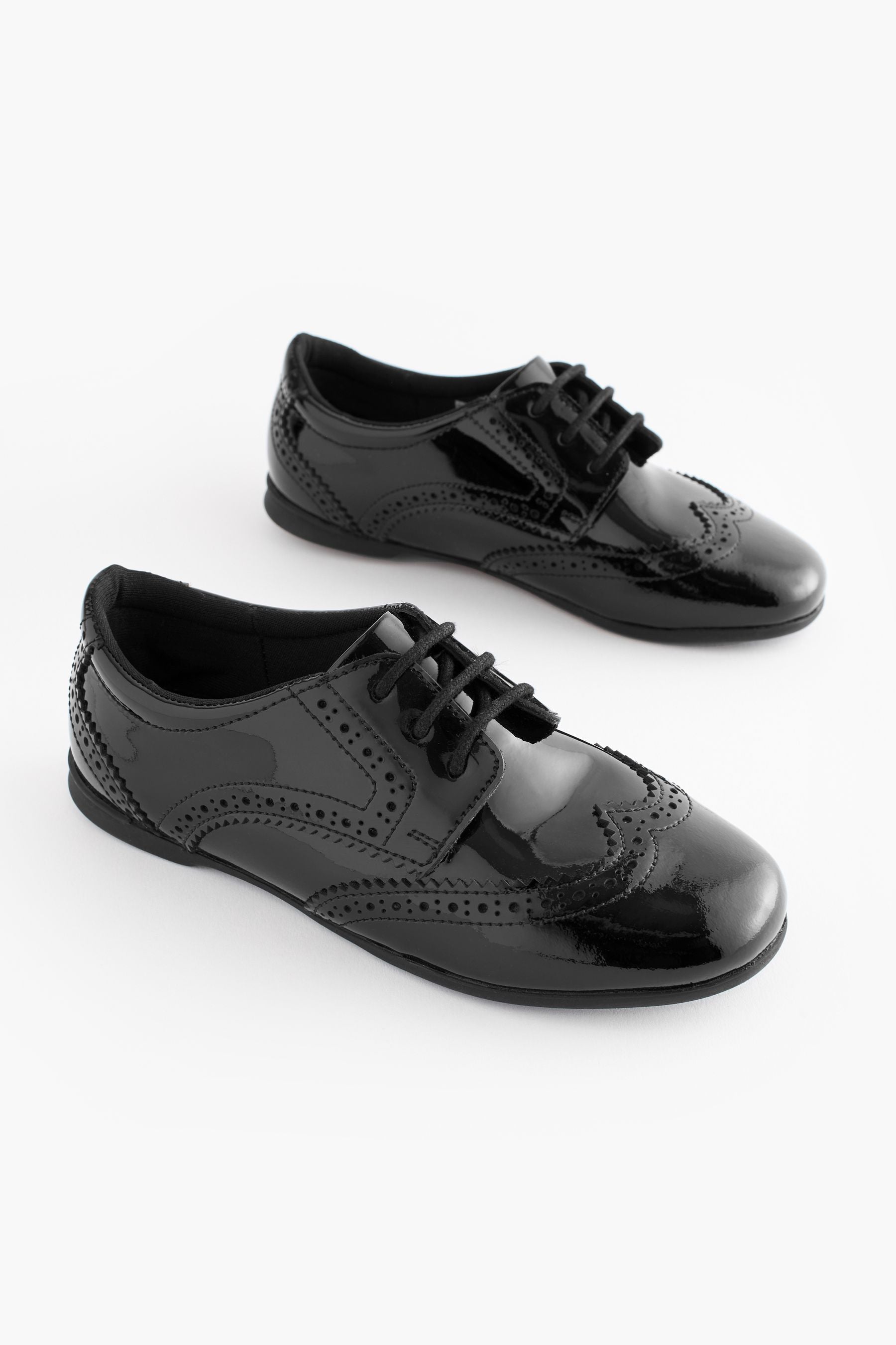 Black Patent Narrow Fit (E) Leather Brogue Lace-Up School Shoes