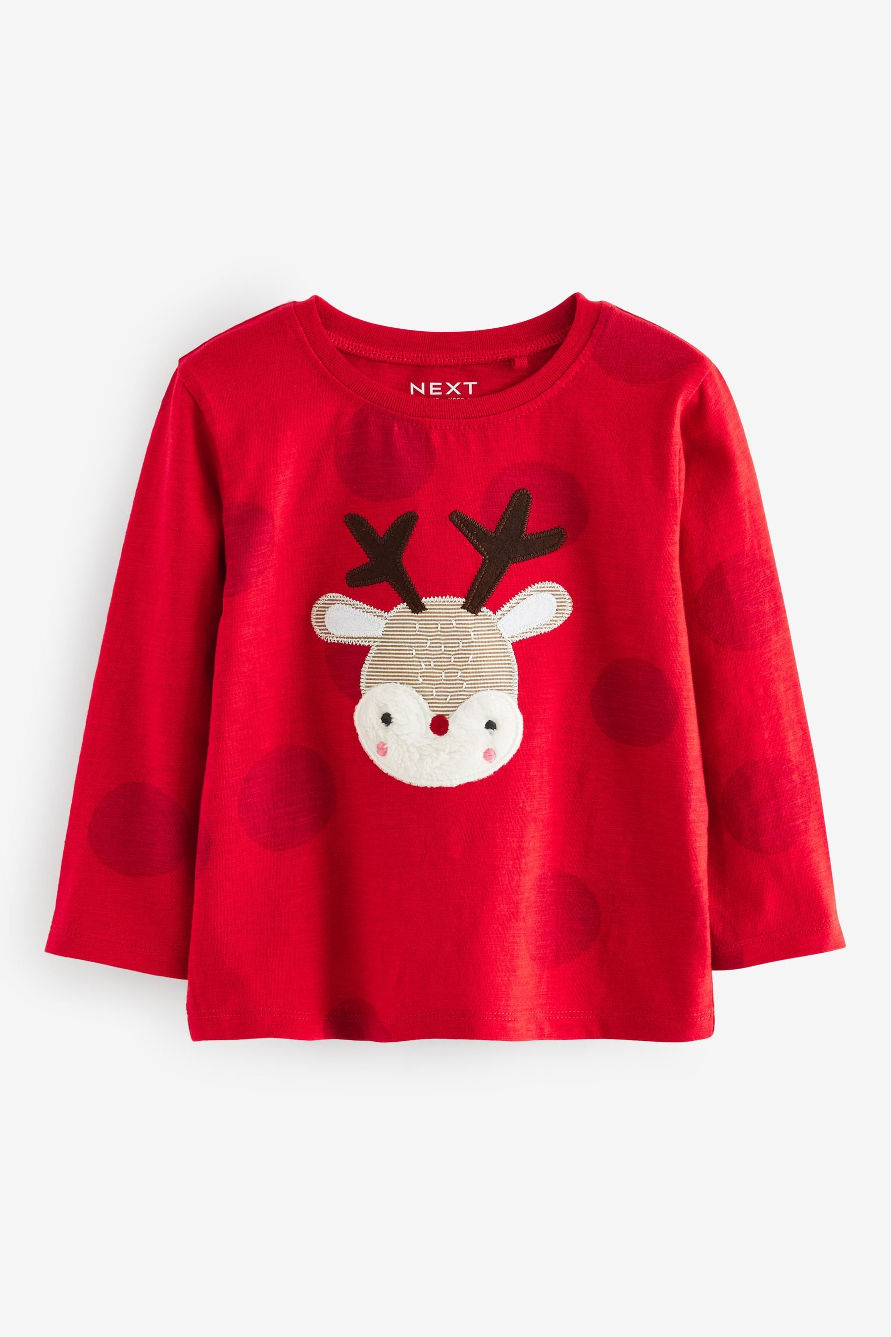 Red Applique Christmas Reindeer 100% Cotton Long Sleeve T-Shirt (3mths-7yrs)