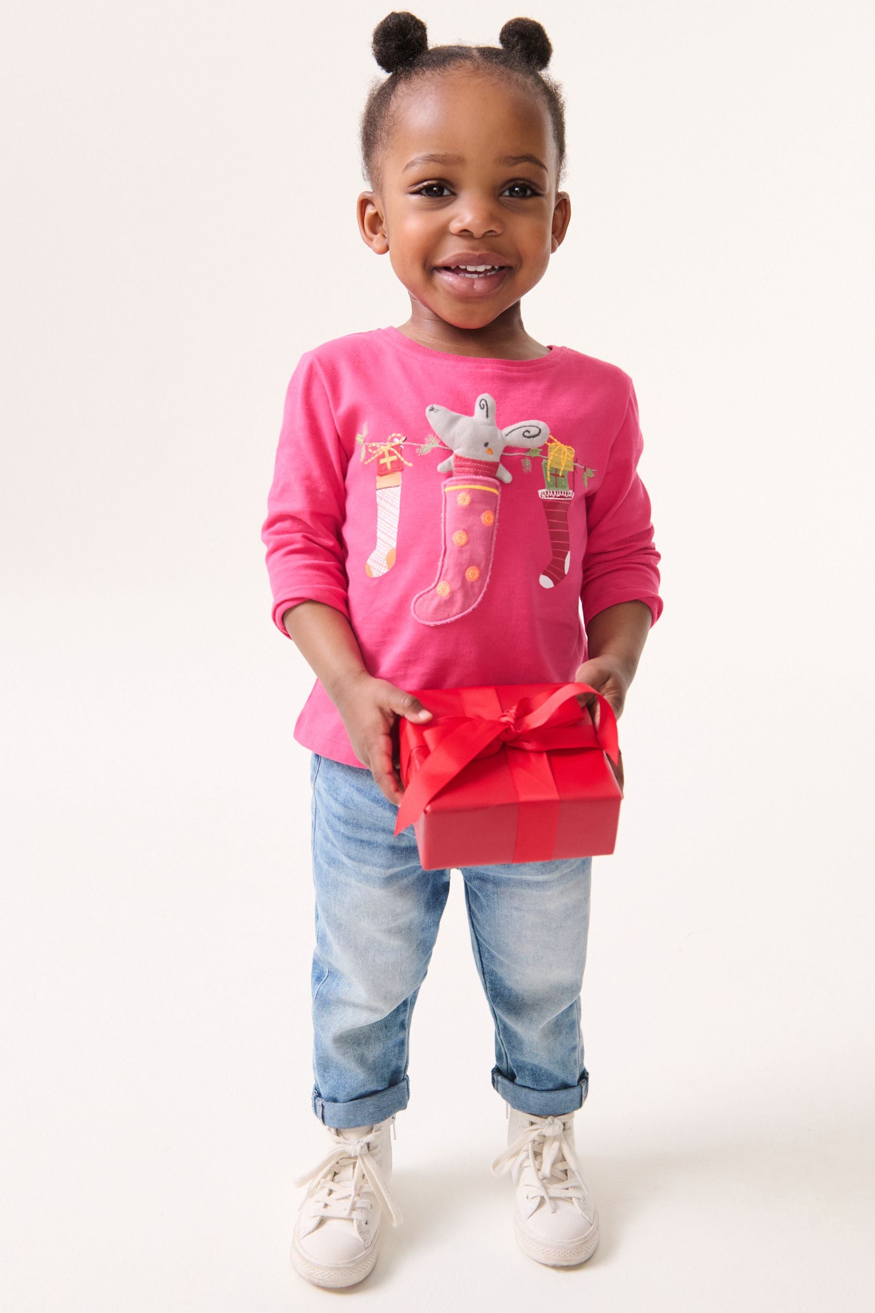 Pink Christmas Padded Mouse 100% Cotton Long Sleeve T-Shirt (3mths-7yrs)