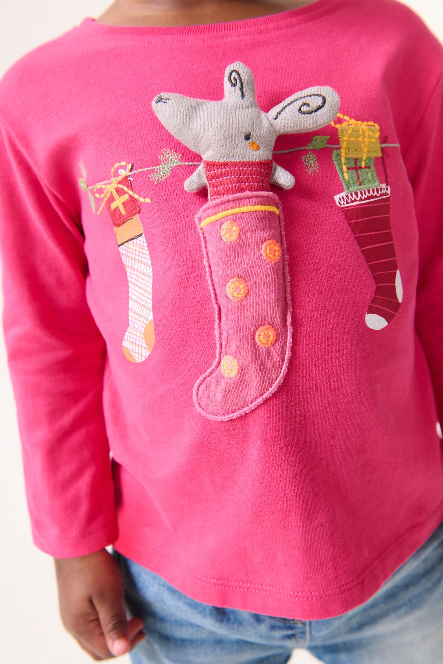 Pink Christmas Padded Mouse 100% Cotton Long Sleeve T-Shirt (3mths-7yrs)