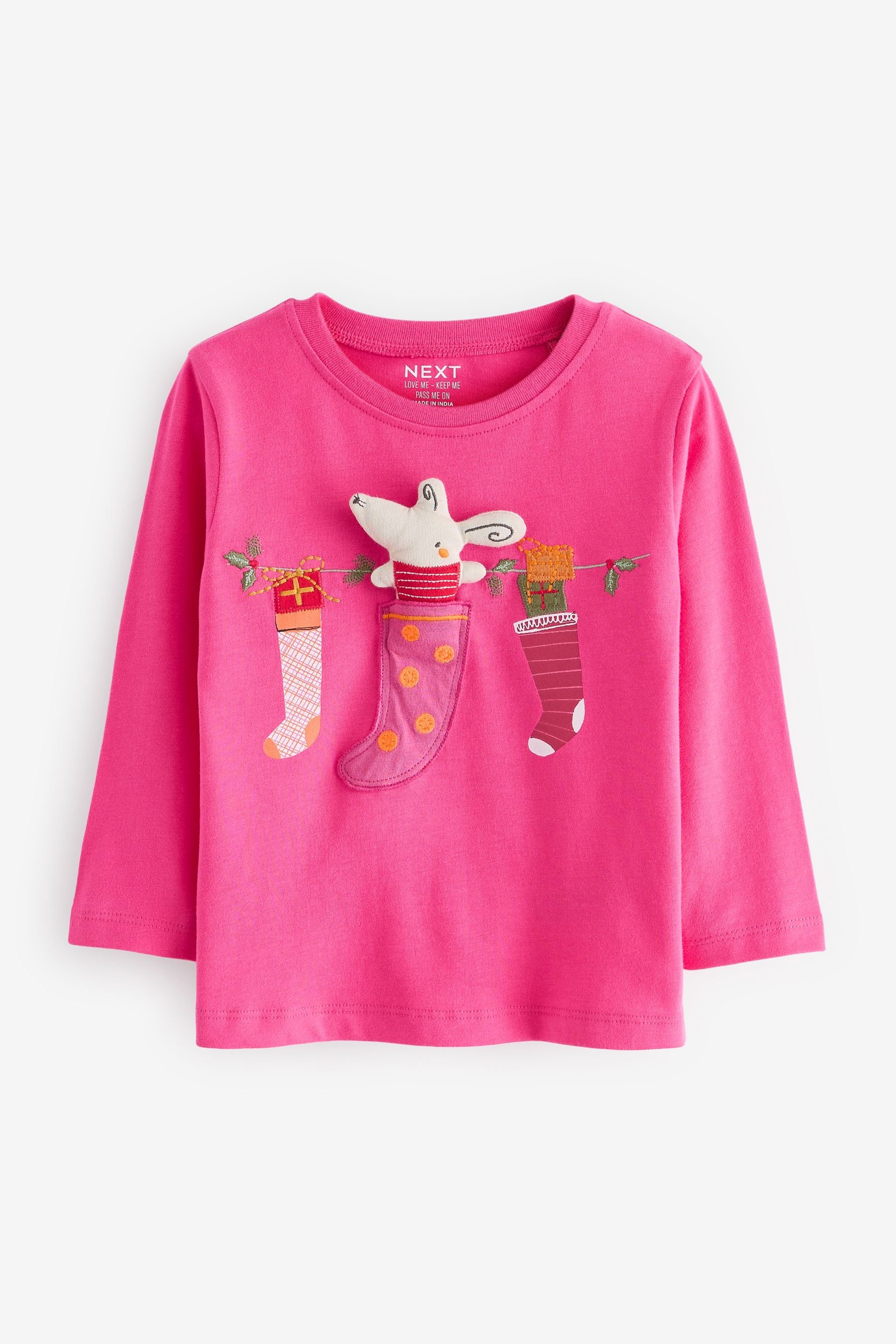 Pink Christmas Padded Mouse 100% Cotton Long Sleeve T-Shirt (3mths-7yrs)