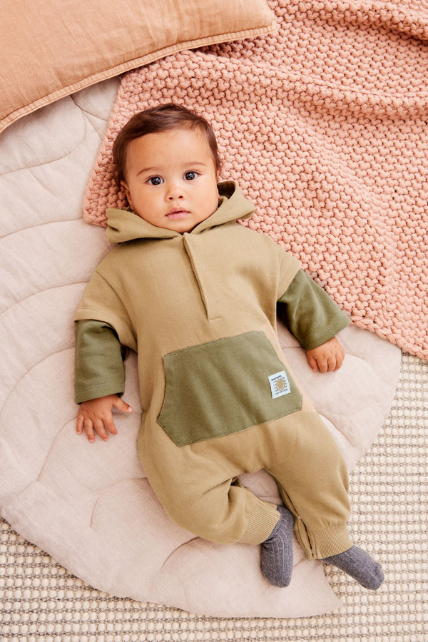 Khaki Green Cosy Sweat Jersey Baby Hooded Romper