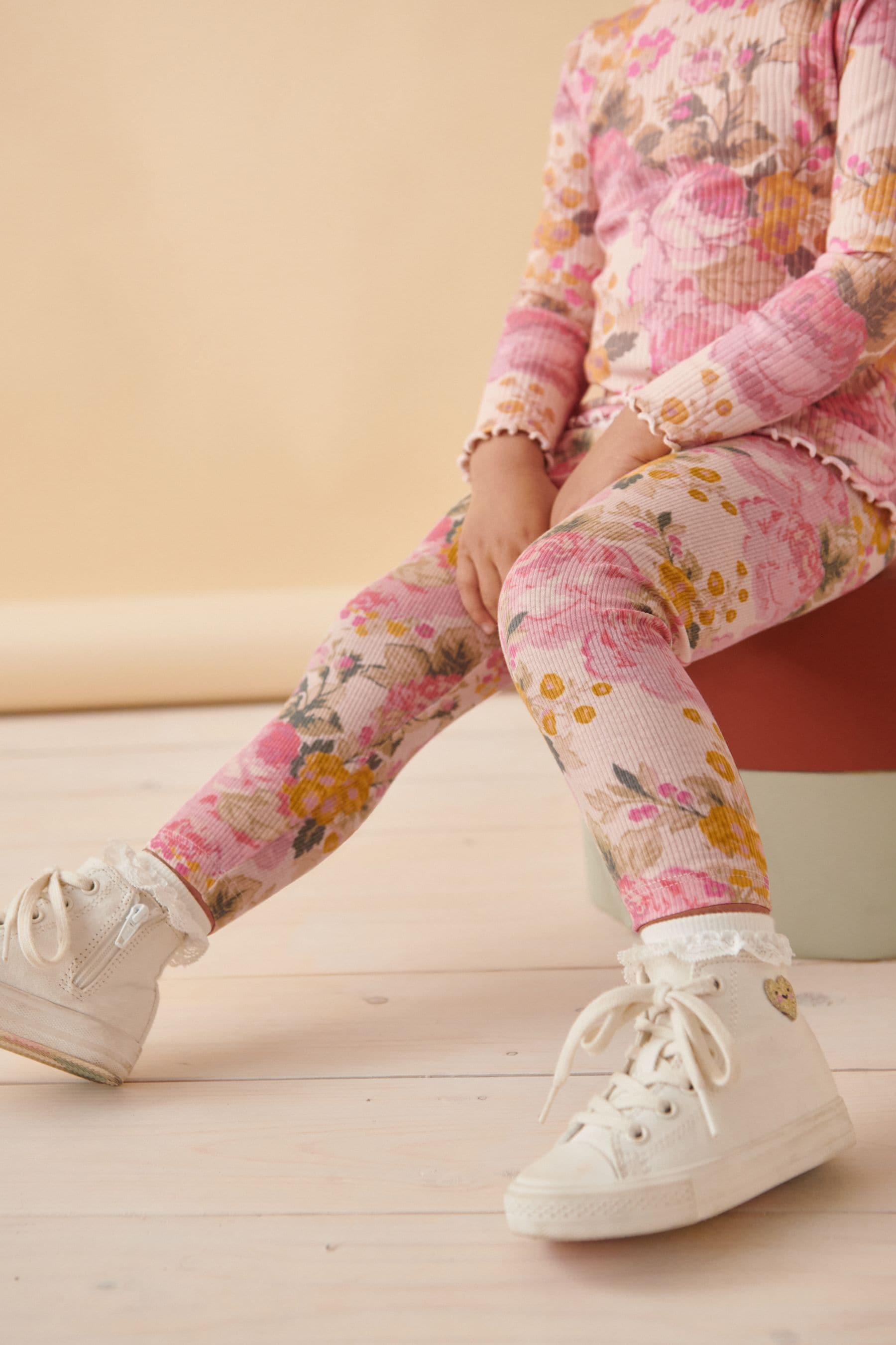 Pink Vintage Floral Rib Jersey Leggings (3mths-7yrs)