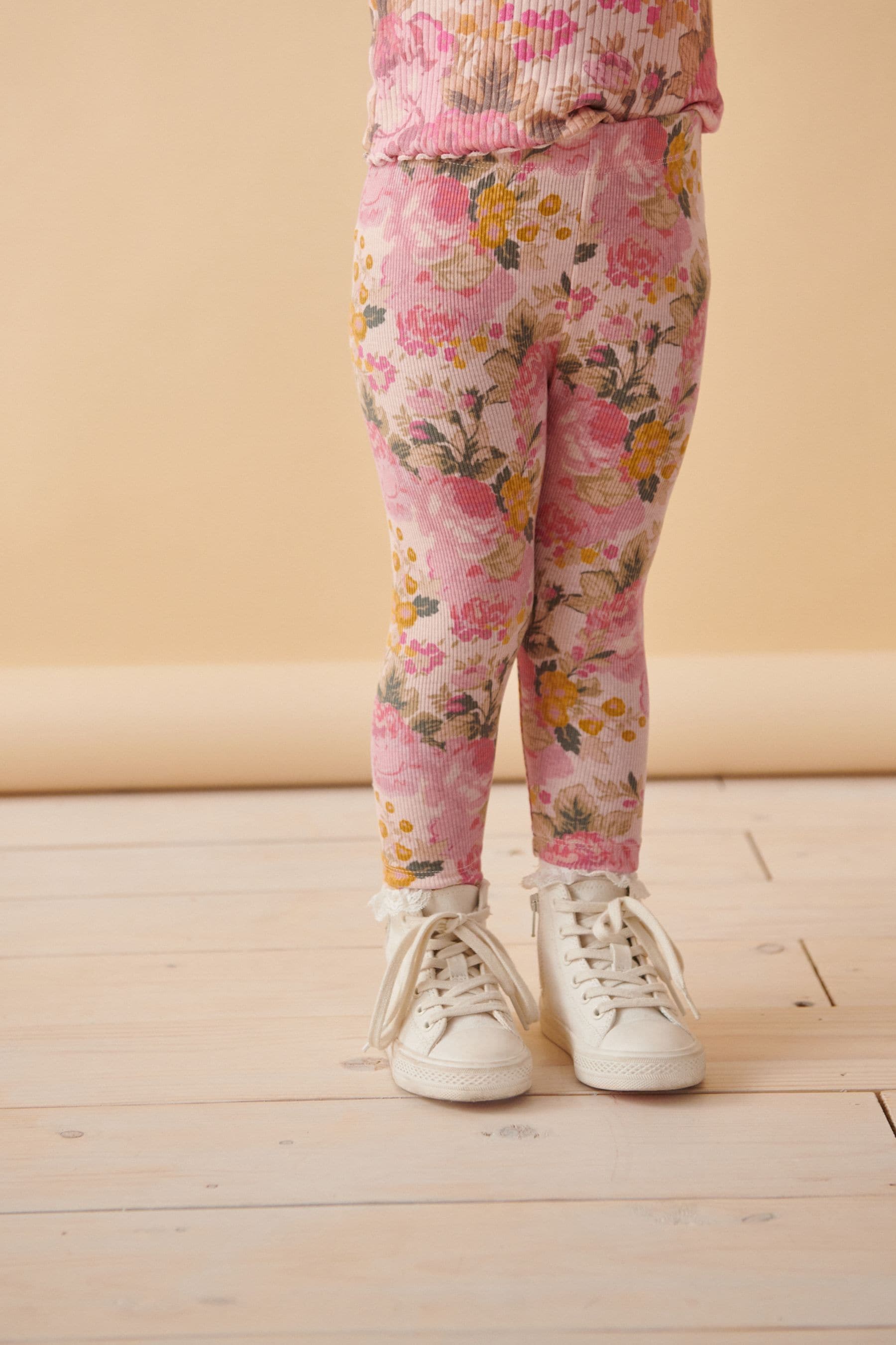 Pink Vintage Floral Rib Jersey Leggings (3mths-7yrs)