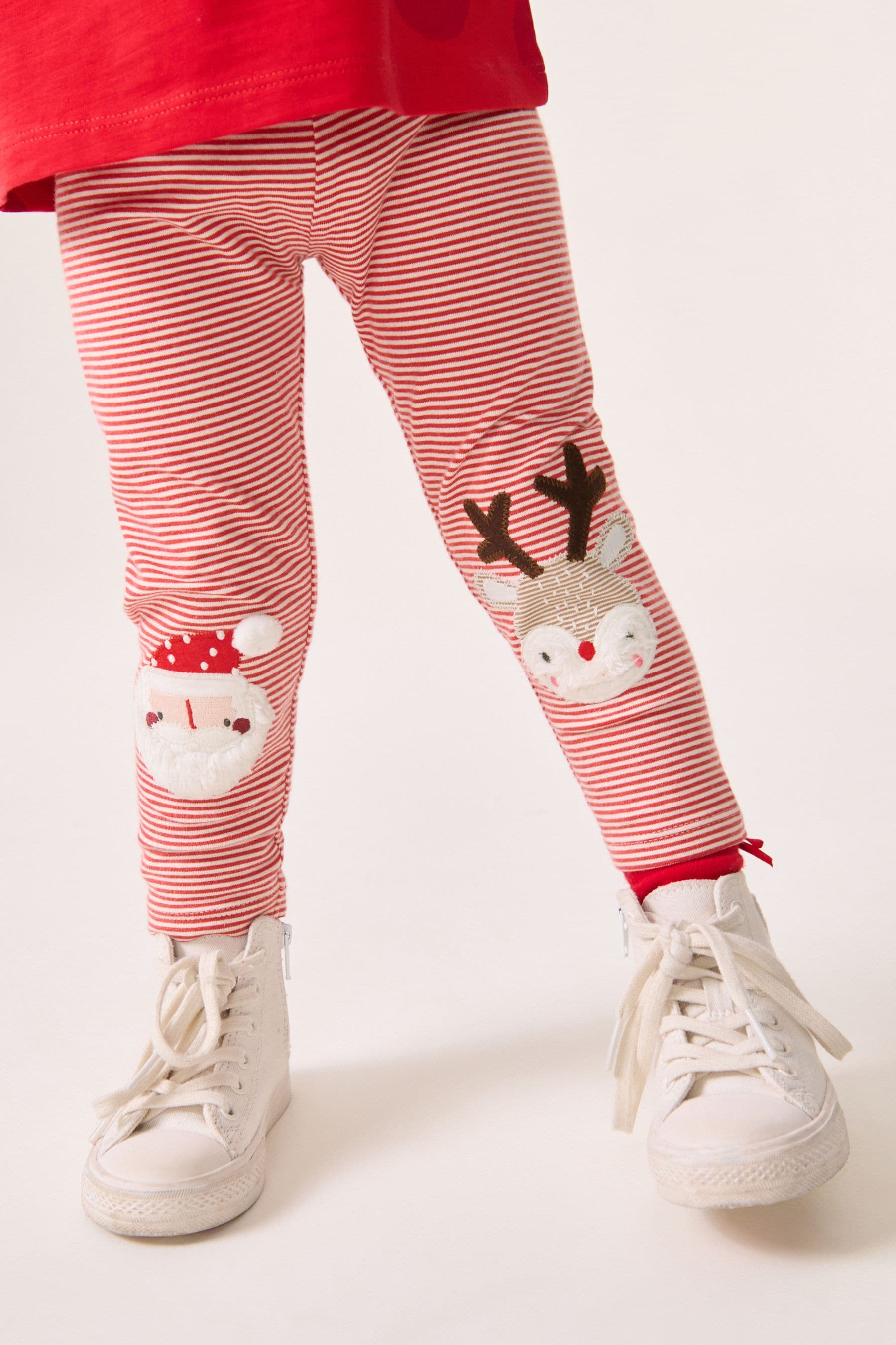 Red Stripe Christmas Santa Embellished Leggings (3mths-7yrs)