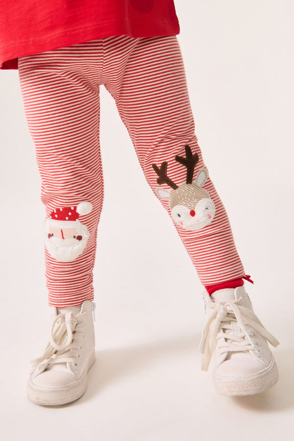 Red Stripe Christmas Santa Embellished Leggings (3mths-7yrs)