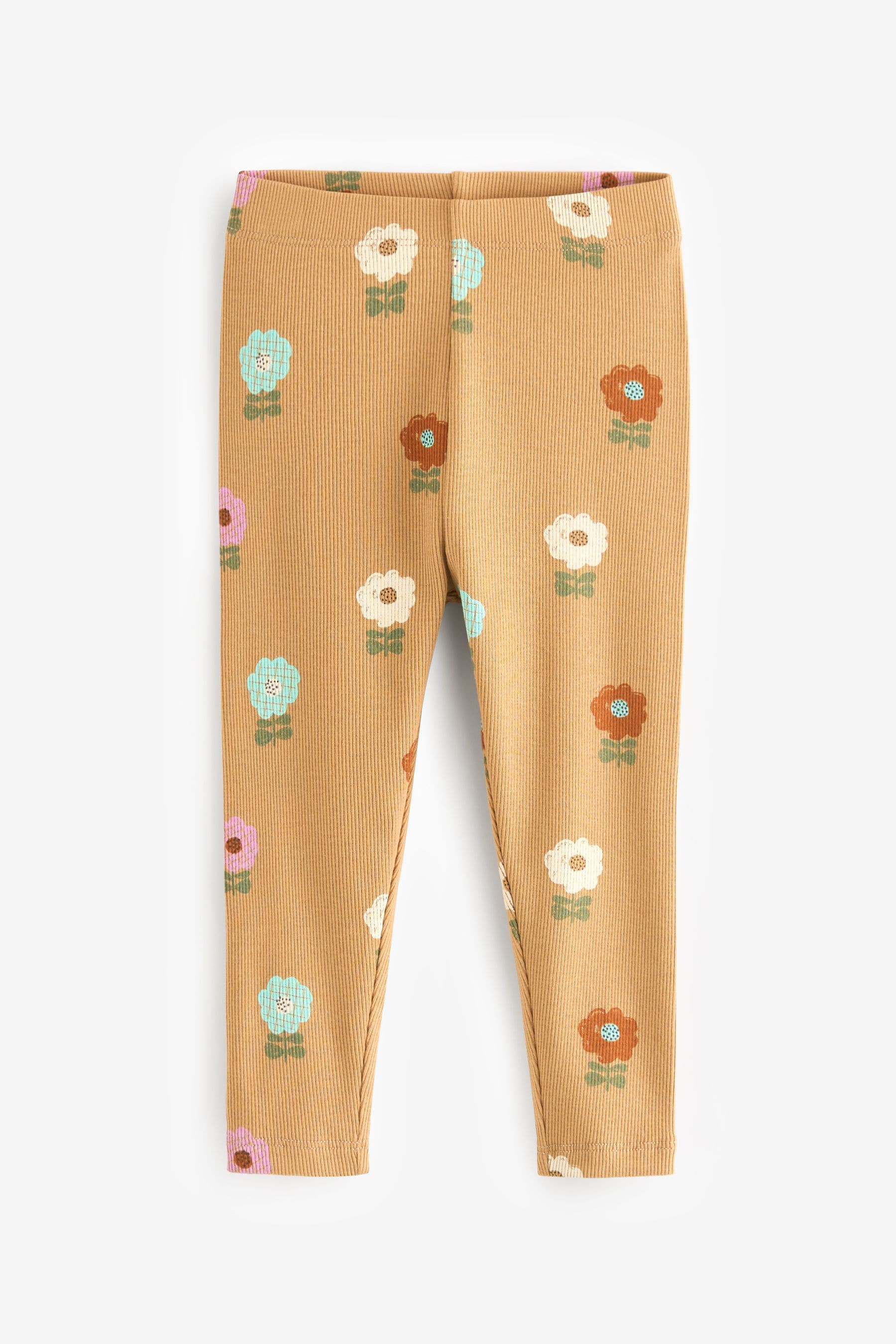 Ochre / Cream Pastel Flowers Rib Jersey Leggings (3mths-7yrs)