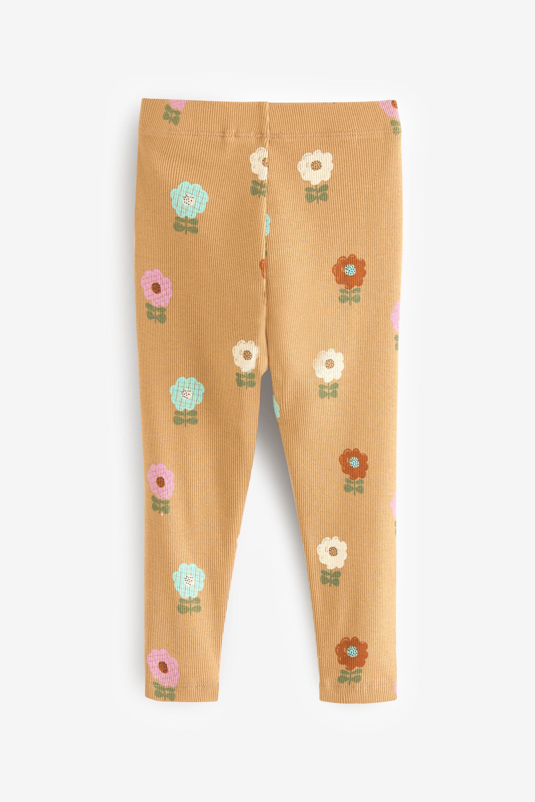 Ochre / Cream Pastel Flowers Rib Jersey Leggings (3mths-7yrs)