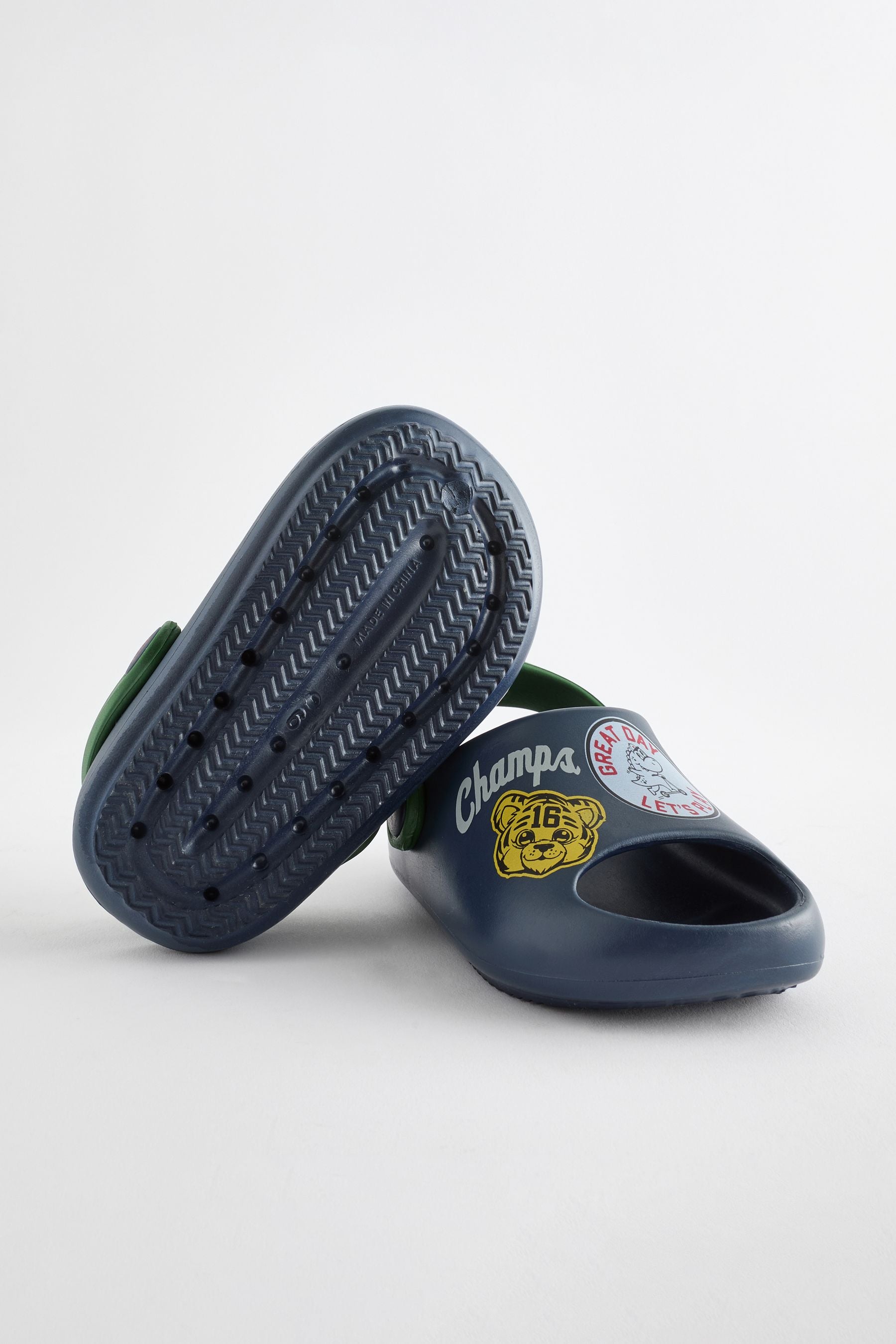 Navy Varsity Badge Print Sliders with Backstrap