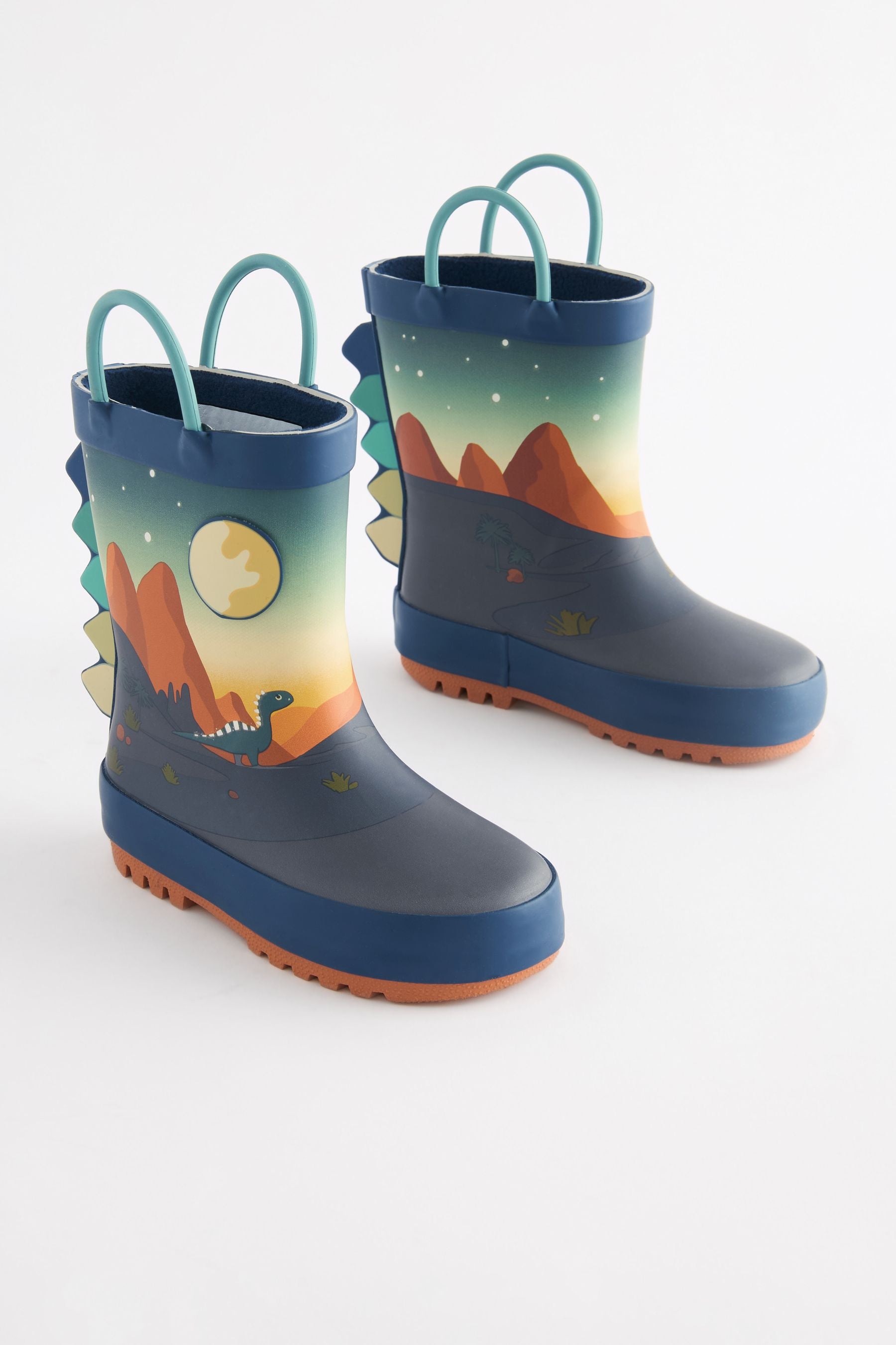 Navy Dinosaur Scene Handle Wellies