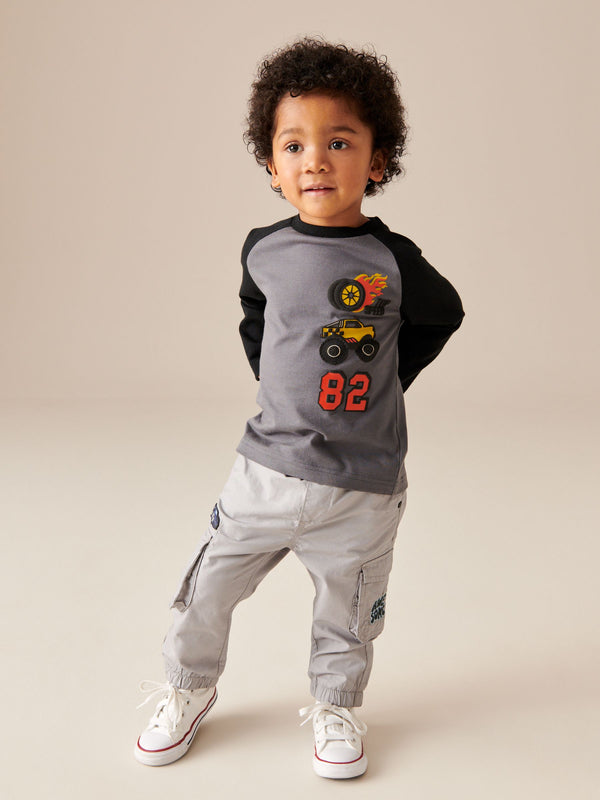 Grey Badged Lined 100% Cotton Cargo Trousers (3mths-7yrs)