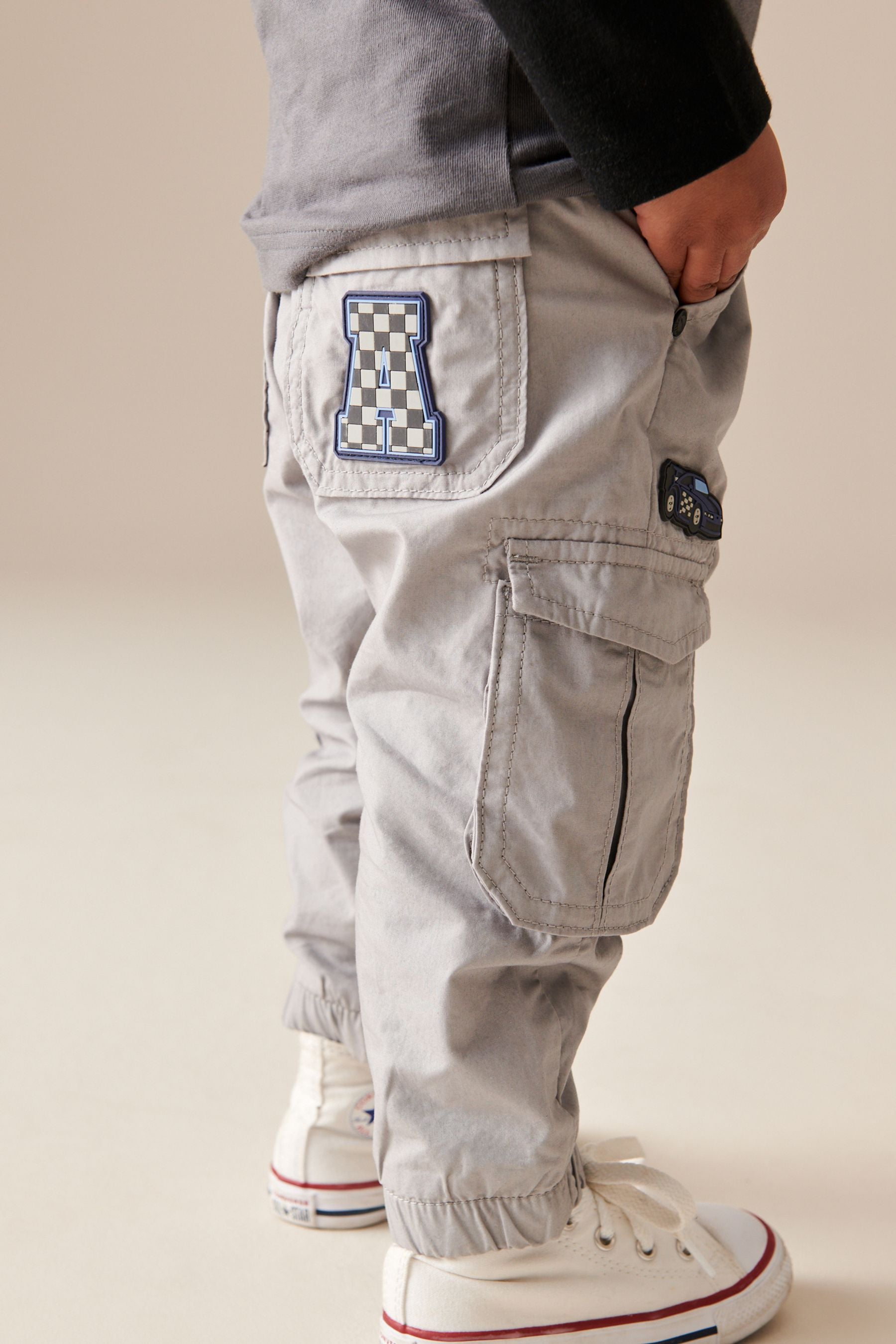 Grey Badged Lined 100% Cotton Cargo Trousers (3mths-7yrs)