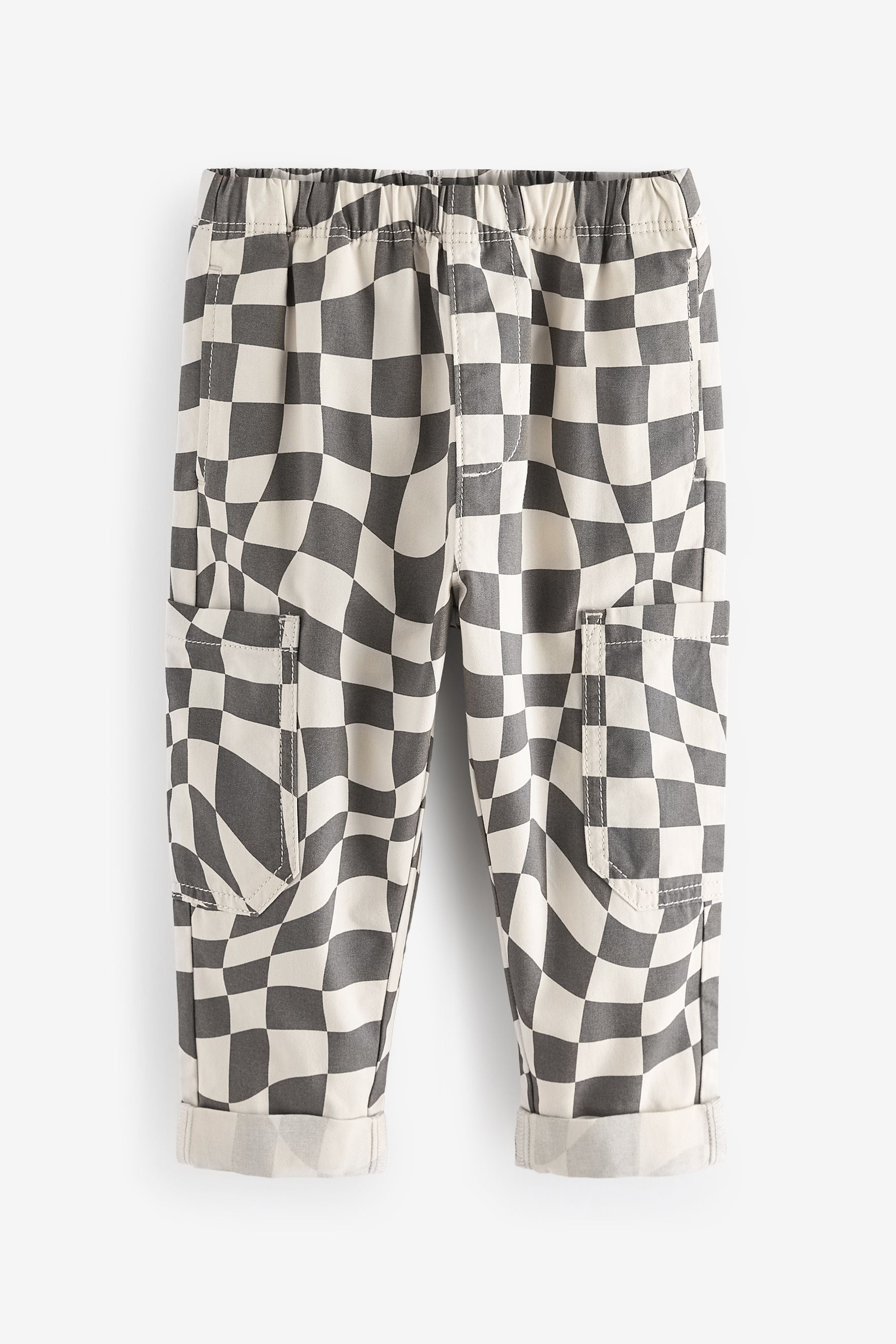 Grey/White Checkerboard 100% Cotton Side Pocket Pull-On Trousers (3mths-7yrs)