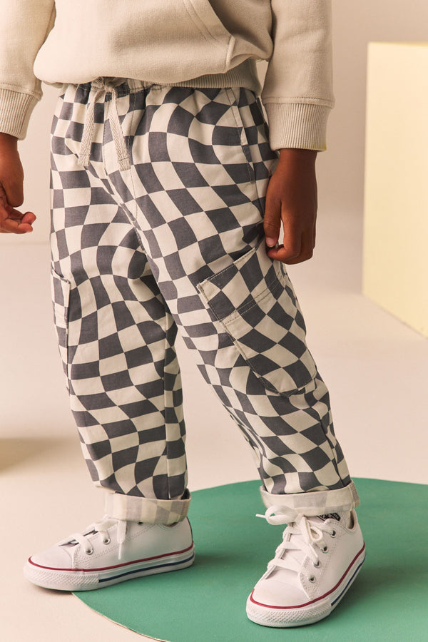 Grey/White Checkerboard 100% Cotton Side Pocket Pull-On Trousers (3mths-7yrs)