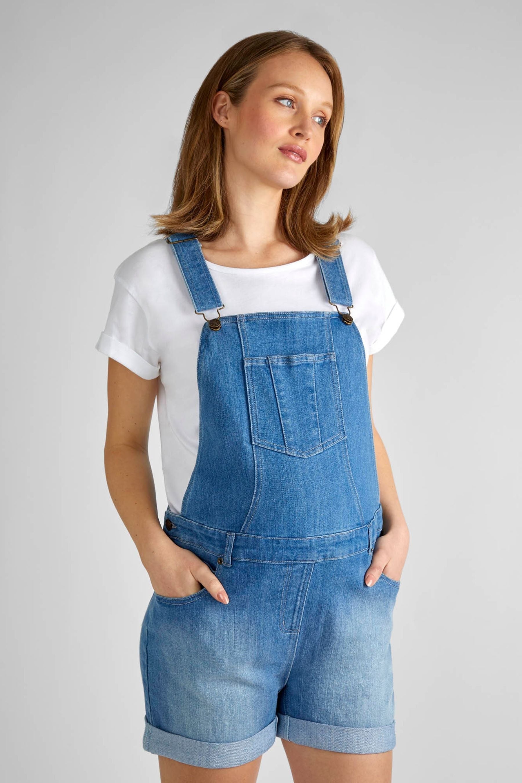 Light Wash Blue JoJo Maman Bébé Denim Short Maternity Dungarees