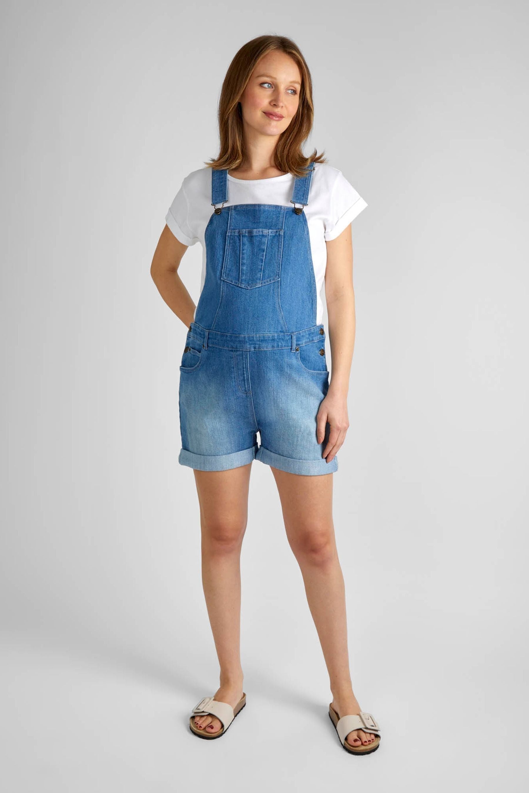 Light Wash Blue JoJo Maman Bébé Denim Short Maternity Dungarees