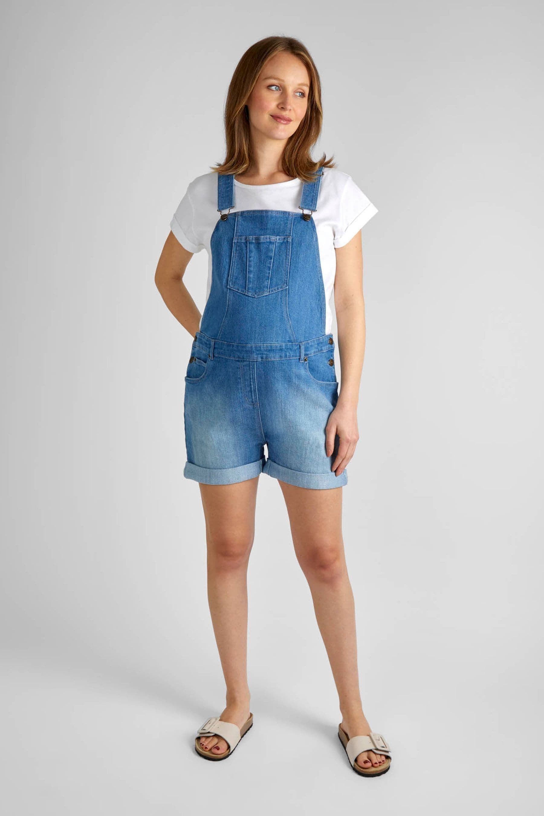 JoJo Maman Bébé Light Wash Blue Denim Short Maternity Dungarees