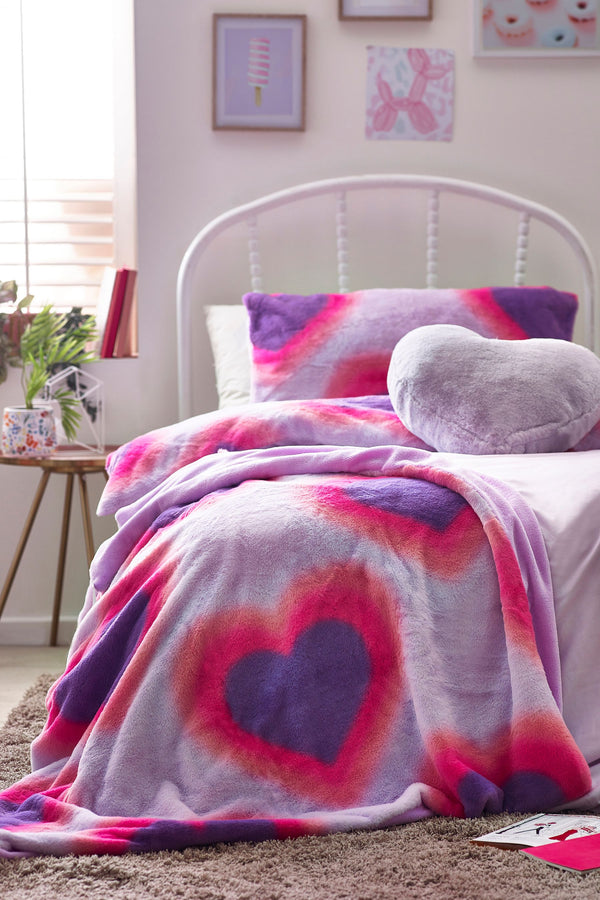 Pink Heart Print Faux Fur Throw