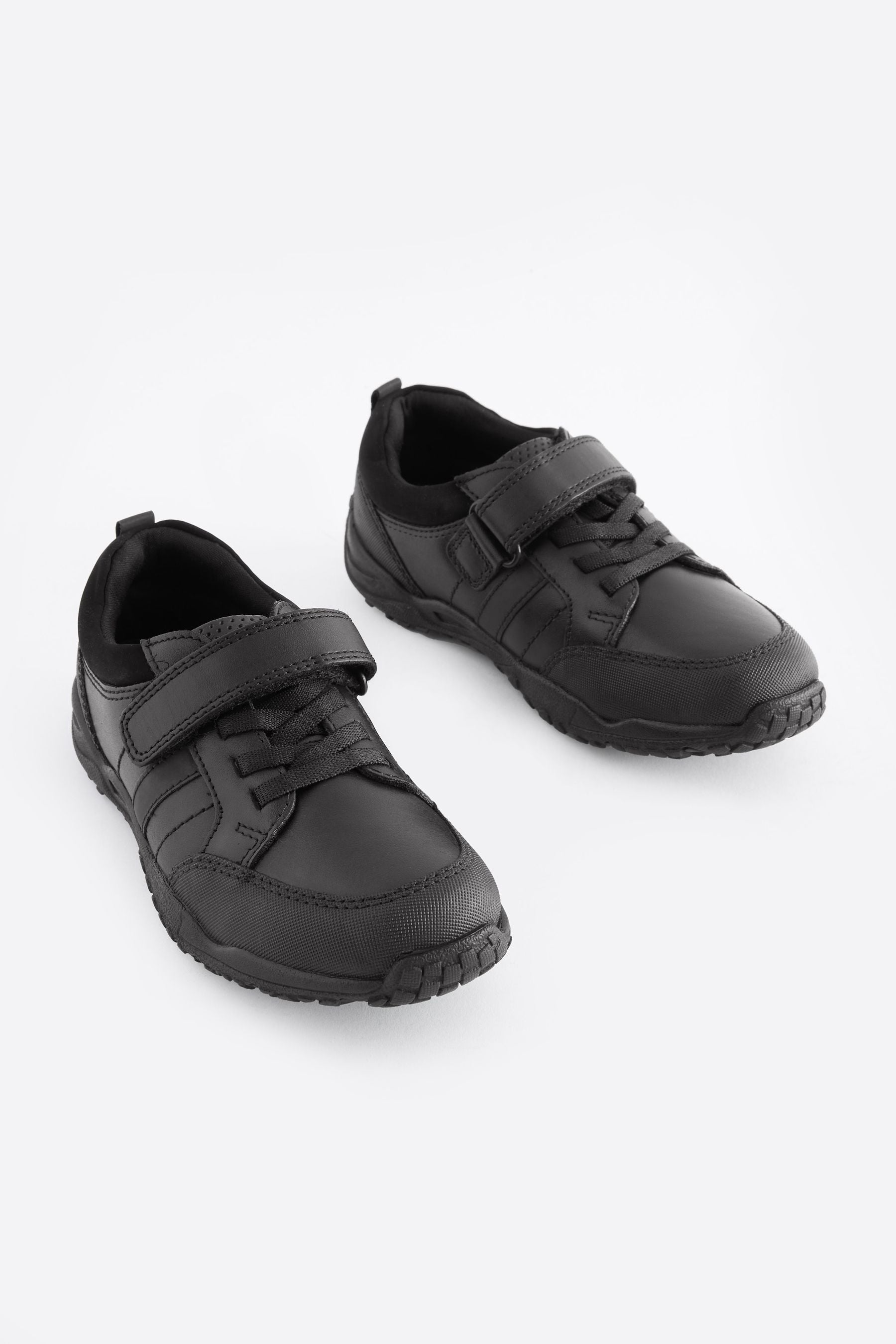 Black Standard Fit (F) School Leather Elastic Lace Shoes