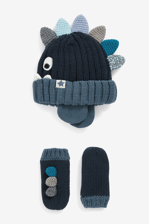 Blue Dinosaur Hat & Mittens Set (3mths-6yrs)