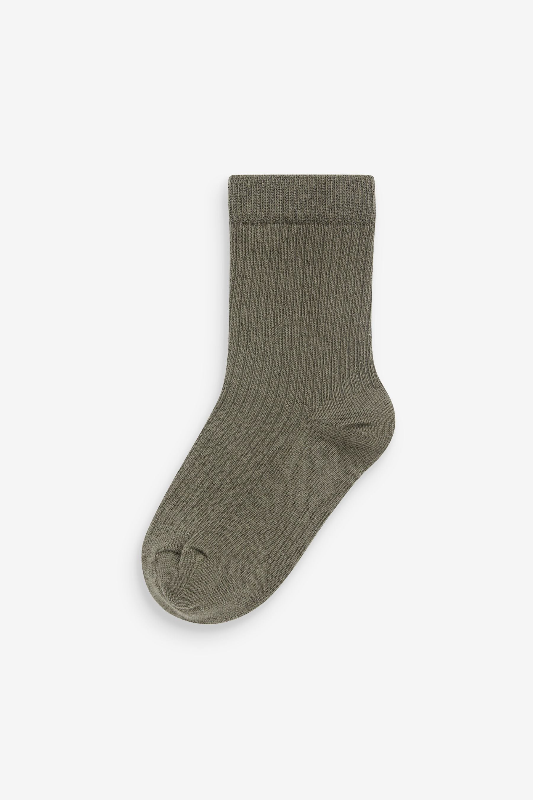 Khaki Green/Grey Cotton Rich Fine Rib Socks 7 Pack