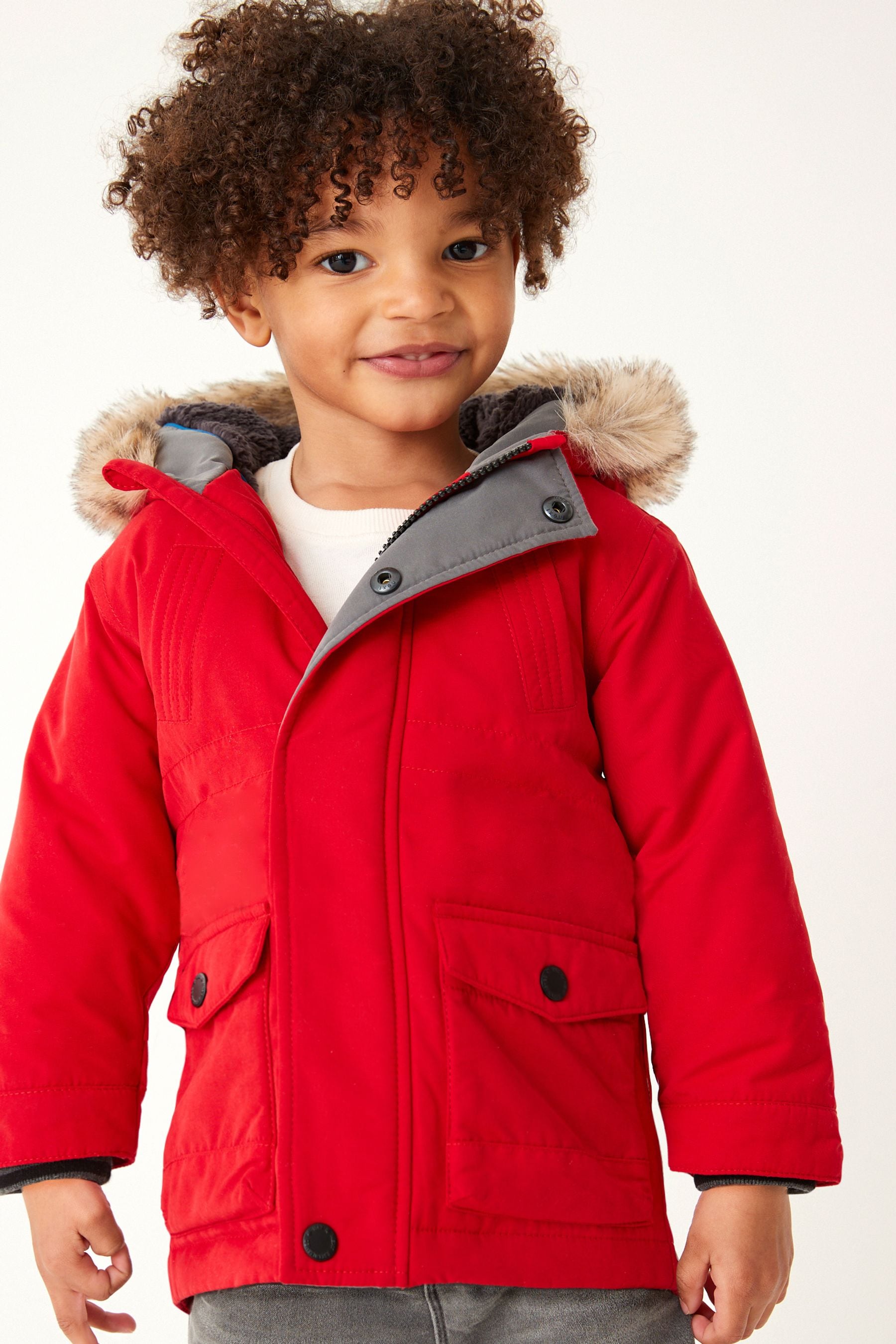 Red Shower Resistant Faux Fur Parka Coat (3mths-7yrs)