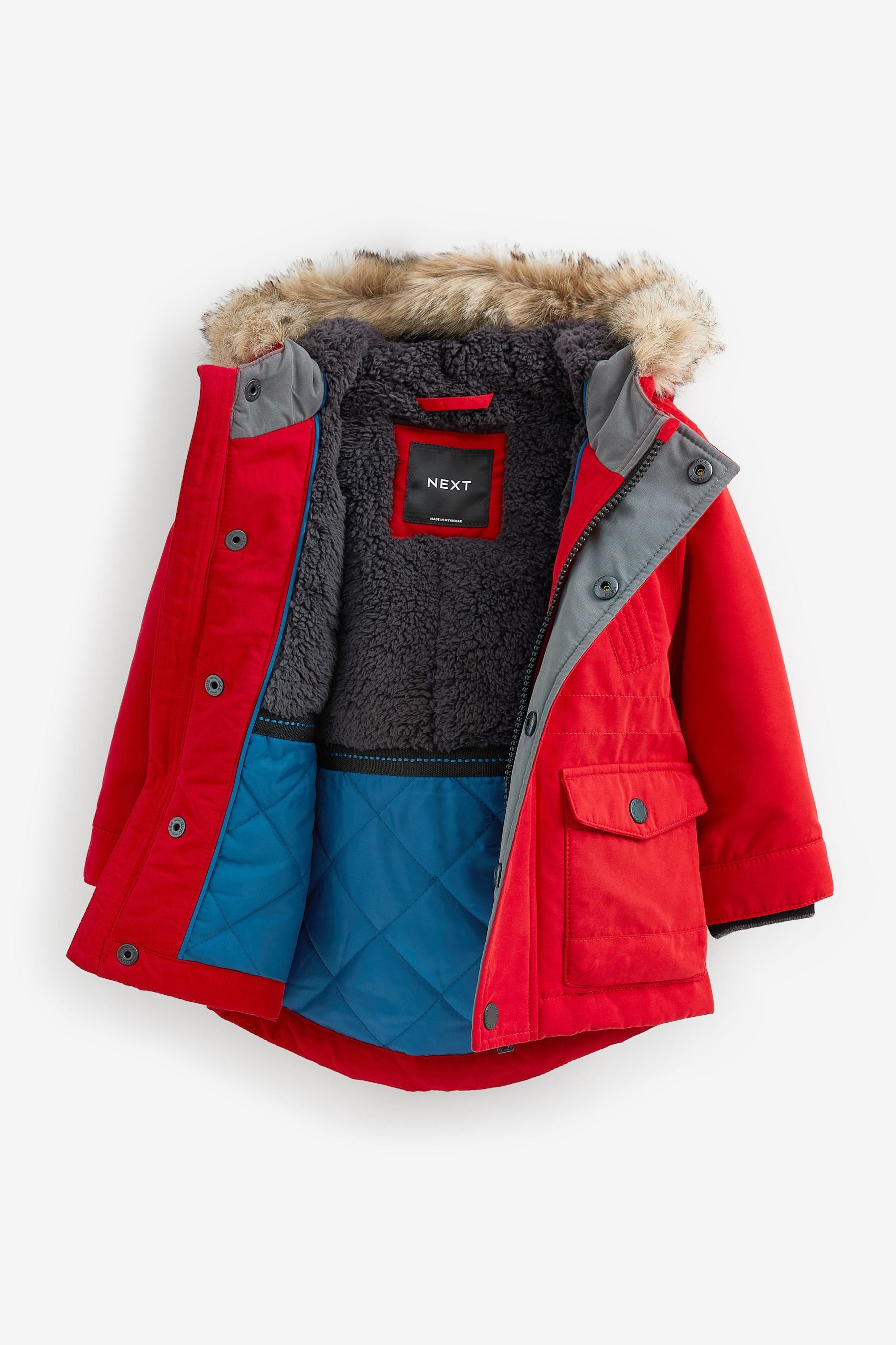 Red Shower Resistant Faux Fur Parka Coat (3mths-7yrs)