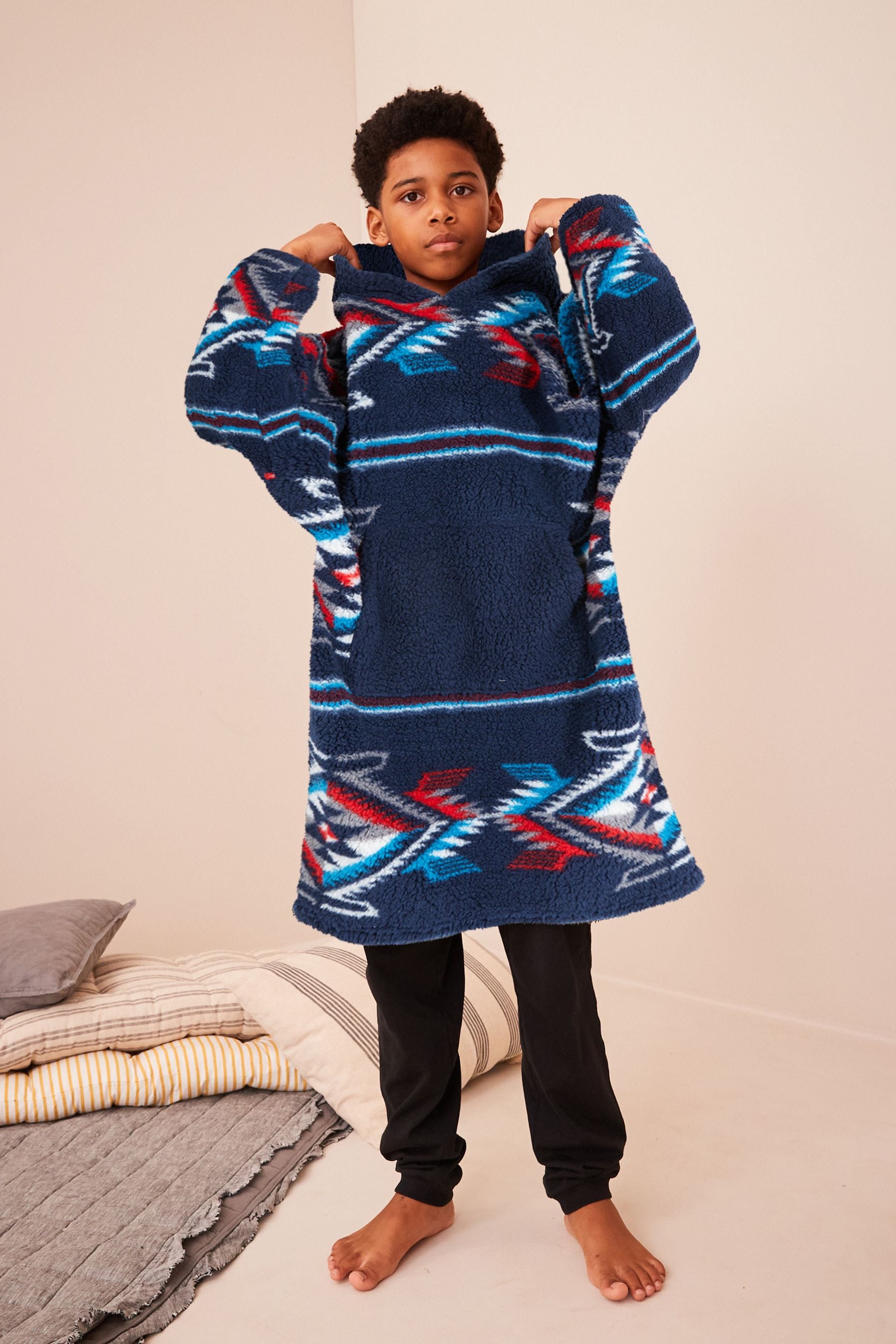 Navy Blue Aztec Print Hooded Blanket (3-16yrs)