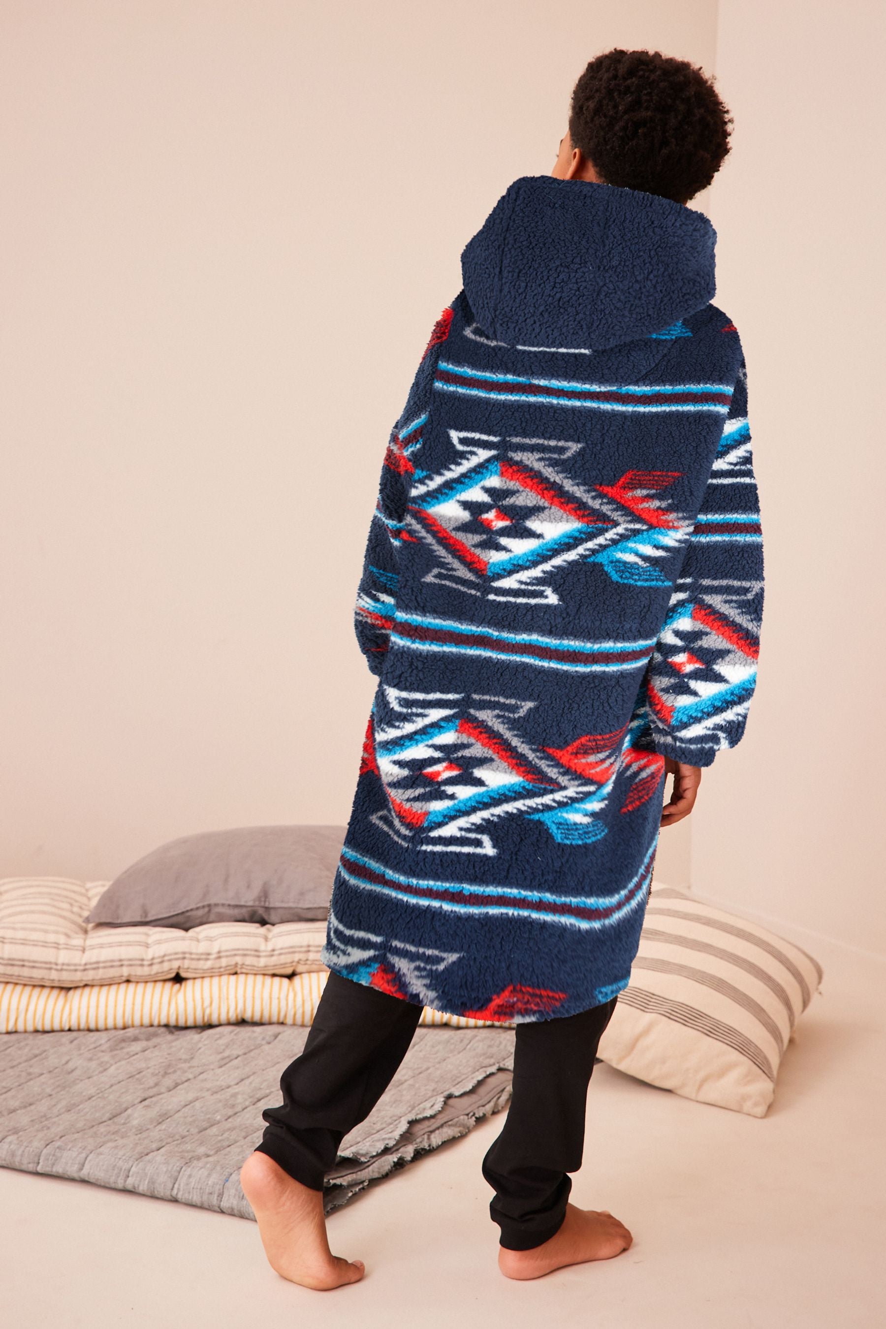 Navy Blue Aztec Print Hooded Blanket (3-16yrs)