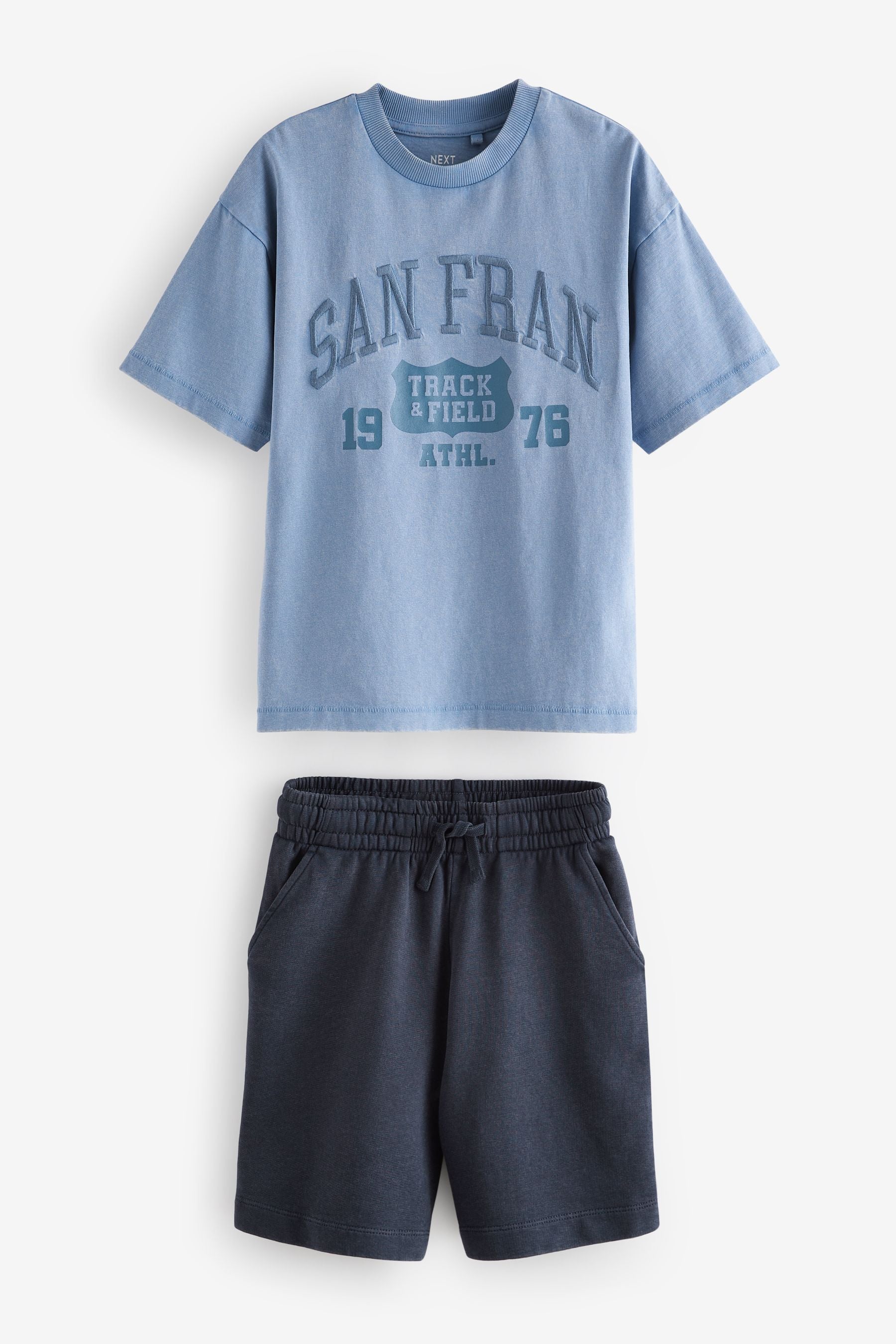 Blue Varsity Washed Short Sleeve 100% Cotton T-Shirt and Shorts Set (3-16yrs)