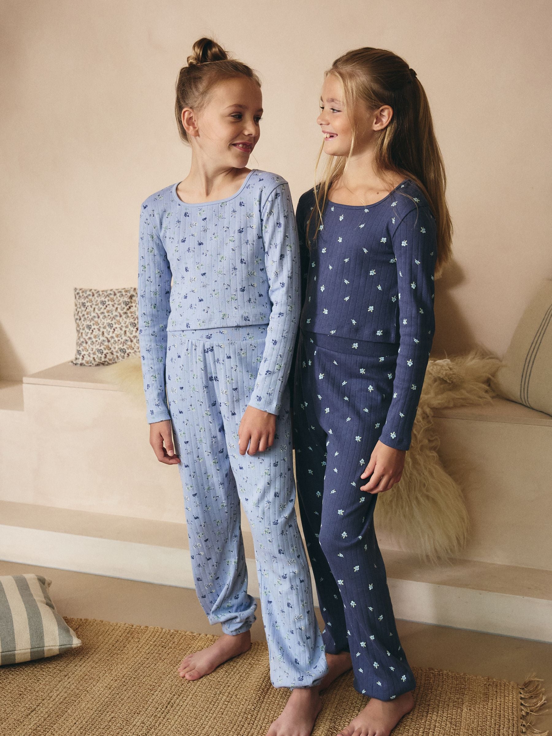 Blue Ditsy Print Pointelle Rib 100% Cotton Pyjamas 2 Pack (3-16yrs)